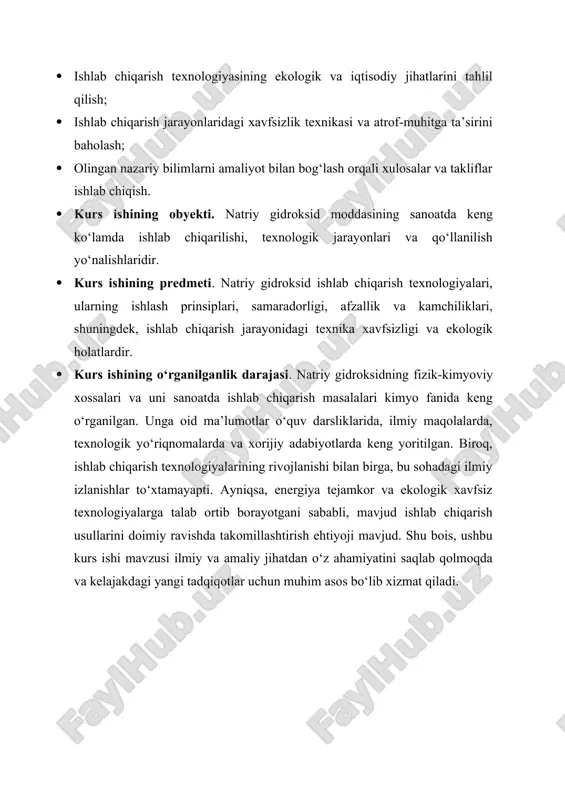 jakdagi yangi tadqiqotlar uchun muhim asos bo‘lib xizmat qiladi. i bob. natriy gidroksidning fizik-kimyoviy xususiyatlari va ahamiyati 1.1. natriy gidroksidning umumiy tavsifi. natriy gidroksid (naoh) – bu sanoat, laboratoriya va turmushda keng qo‘llaniladigan kuchli asosiy xossalarga ega bo‘lgan noorganik birikma bo‘lib, kimyoviy sanoatning ajralmas qismidir. u ko‘pchilikka “kaustik soda” yoki “eshik soda” nomlari bilan tanilgan. ushbu modda suvda oson eriydi va erish jarayonida ko‘p miqdorda issiqlik ajraladi. hosil bo‘lgan eritma kuchli ishqoriy muhitga ega bo‘lib, kislotalar bilan reaksiyaga kirishadi va natriy tuzlari hamda suv hosil qiladi. natriy gidroksid tashqi ko‘rinishiga ko‘ra oq yoki shaffof kristall modda bo‘lib, gigroskopik xususiyatga ega. ya’ni, u havodagi namlikni o‘ziga tortadi va karbonat angidrid bilan reaksiyaga kirishib natriy karbonat hosil qiladi. shu sababli, uni ochiq havoda emas, balki havo o‘tkazmaydigan, quruq idishlarda saqlash zarur. “natriy gidroksidning ishlab chiqarilishi elektroliz jarayonlari yordamida amalga oshiriladi va ushbu jarayonning xavfsizligi alohida e’tibor talab qiladi.” natriy gidroksidning molekulyar massasi …