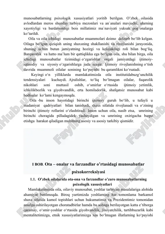 iy munosabatlar, xususan, o‘smirlik yoshidagi o‘zaro munosabatlar, ota-ona va farzand o‘rtasidagi nizolar va ularning kelib chiqish sabablarini o‘rganish masalalari dolzarb muammolardan sanaladi. chunki shaxsning shakllanishida oiladagi muhit, ota-ona va farzandlar o‘rtasidagi munosabatlar muhim ahamiyat kasb etadi. oilaviy nizolar oqibatida ro‘y berayotgan holatlar, oilalarning barbod bo‘lishi, millatlar, davlatlarning o‘zaro kelishmovchiligi yoshlarning tarbiyasiga ham salbiy ta’sir ko‘rsatishidan dalolat beradi. hozirgacha soha mutaxassislaridan ko‘pchiligi oila muammolarining qator qirralarini o‘z ilmiy izlanishlarida o‘rganganlar. ushbu masala yuzasidan xorijlik ayrim psixologlar, xususan, d. mayers, v. kvinn, f.zimbardo va boshqalarning tadqiqotlarida yoritib berilgan. shuningdek, rus hamda fransuz olimlari tomonidan ham muayyan darajada o‘rganilgan. olimlar tomonidan to‘plangan ilmiy dalil va xulosalarning barchasi mohiyatan o‘zbek muhitiga to‘g‘ri kelmasligi aniq. negaki, bir millatning urf-odati, an’ana va milliy qadriyatlari boshqasinikiga mos kelmaydi. muhimi, o‘zbekistonda oila va undagi o‘zaro munosabatlar alohida qadriyat sifatida qaralishi ham bu borada yurtimizgagina xos bo‘lgan ma’lum qonuniyatlarning borligini dalillaydi. shu bois ham, mavjud muammoni xududiy va etnopsixologik …