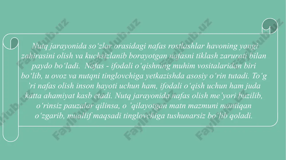 ziladigan mashqdir. bunda matn erkin talaffuz etilgan holda, ikki-uch o‘rinda nafas olib, keyin cho‘ziq nafas olinadi. 9 masalan: “hasan shunday yigitdir: v husni to‘lgan oydayin, ming qo‘y sotgan boydayin, v qoshu ko‘zi yoydayin, qomatlari kelishgan, kiygan to‘ni yarashgan, qaragan ko‘z qamashgan, yigitlari so‘rashgan. v tomoshaga kelganlar, ancha qizu o‘g‘lonlar, hasanxonday lochinni, qizlar to‘nab sochini, gul ochilgan bahorda keldi bizning diyorga” (“hasanxon” dostonidan) bu parchani o ’qishda “v” belgisi qo‘yilgan o‘rinda nafas olinib, keyin talaffuz qilish tempi tezlashtirilib, matn bir yoki ikki nafasda o‘qiladi. mashq paytida, erkin o‘qishdan tashqari, talaffuzning aniqligiga va matnning mantiqiy izchilligiga e ’tibor beriladi. 10 she’r o‘qish mashqi. bu mashqda g‘oyaviy-badiiy jihatdan yuksak bo‘lgan uzun misrali she’rning oldin bir misrasi bir nafasda, keyin ikki misrasi bir nafasda va hokazo tarzda o‘qiladi. 11 12 ifodali o ’qish san’atida ovozning ahamiyati beqiyosdir. ovoz ham, nutq ham insonga yaratguvchi zot tomonidan berilgan ilohiy ne’mat hisoblanadi. shunday ekan, ovozning yoqimli yoki …