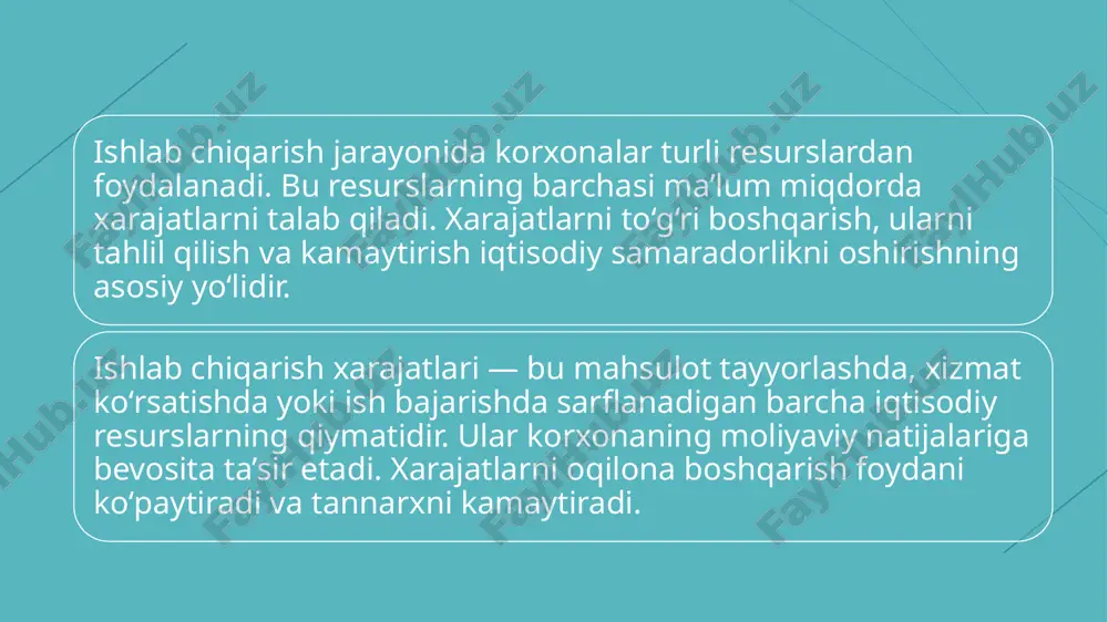 izimi o‘rnatilgach, ishlab chiqarish chiqindilari 20% ga qisqargan. bu kabi natijalar korxonaning foydasini va raqobatbardoshligini oshiradi. 14 xulosa ishlab chiqarish xarajatlarini kamaytirish – bu korxonaning eng muhim boshqaruv vazifasidir. to‘g‘ri rejalashtirish, tahlil va innovatsion yondashuv orqali xarajatlarni minimallashtirish mumkin.natijada korxona iqtisodiy barqarorlikka, yuqori foyda va raqobatbardoshlikka erishadi. 15 image5.png image6.svg image7.png image8.svg image27.jpeg image28.jpeg image29.jpeg image30.jpeg image31.jpeg .msftofcthm_accent2_lummod_75_stroke_v2 { stroke:#c6bfaa; } .msftofcthm_accent2_lummod_75_stroke_v2 { stroke:#c6bfaa; }