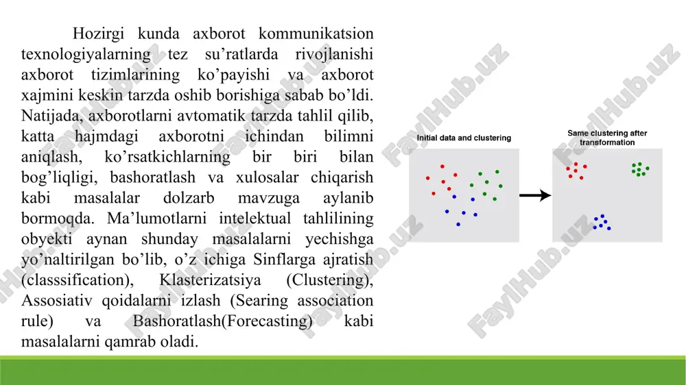 otlarga mos. ⚠️ kamchiliklari: k ni oldindan bilish kerak, boshlang‘ich markazlar tanlovi natijaga ta’sir qiladi. modellarni baholash va tanlash klasterlashda modelni baholash nazoratli o‘rganishdagi kabi aniq “to‘g‘ri javoblar”ga tayanmaydi. baholash uchun ichki yoki tashqi mezonlar ishlatiladi: ichki mezonlar: silhouette score, davies–bouldin index tashqi mezonlar: agar haqiqiy yorliqlar mavjud bo‘lsa, ular bilan solishtiriladi. model tanlashda: klasterlar sonini (k) elbow method yoki silhouette analysis yordamida aniqlash mumkin. metrika tavsif accuracy (aniqlik) to‘g‘ri tasniflangan obyektlar ulushi precision (aniqlik darajasi) pozitiv deb topilganlarning haqiqatan pozitiv bo‘lgan qismi recall (chaqiruv) haqiqiy pozitivlarning nechta qismi aniqlanganini ko‘rsatadi f1-score precision va recall’ning o‘rtacha garmonik qiymati confusion matrix to‘g‘ri va noto‘g‘ri tasniflarni jadvalda ko‘rsatadi baholash metrikalari mashinali o‘qitish (machine learning) jarayonida modelni baholash va tanlash — bu o‘rganilgan modelning samaradorligi, aniqligi va umumlashuv (generalizatsiya) qobiliyatini aniqlash jarayonidir. ma’lum bir model ma’lumotlarga juda mos tushishi yoki haddan tashqari o‘rganib qolishi (overfitting) mumkin. shu sababli modelni to‘g‘ri baholash ishonchli natija …