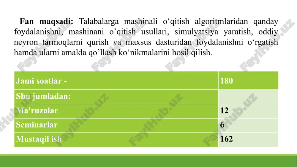 pyuterni ma’lumot asosida o‘qitish. chuqur o‘qitish (deep learning) ml ning murakkab turi, neyron tarmoqlar asosida ishlaydi. mashinani o'rganish dasturlari ko'pincha kutilgan natijalarni bermaydi. buning sabablari juda ko'p: (mos) ma'lumotlarning yetishmasligi ma'lumotlarga kirishning yo'qligi ma'lumotlarning noto'g'riligi maxfiylik muammolari noto'g'ri tanlangan vazifalar va algoritmlar noto'g'ri vositalar va odamlar resurslarning etishmasligi va baholash muammolari. turi tavsif misol supervised learning (nazoratli o‘qitish) ma’lumotlar “javobi bilan” beriladi. model “kirish” → “natija”ni o‘rganadi. uy narxini taxminlash, emailni “spam/spam emas” deb ajratish unsupervised learning (nazoratsiz o‘qitish) ma’lumotlarda “javob” yo‘q, model o‘zi tuzilmani topadi. mijozlarni klasterlash (guruhlash) reinforcement learning (mustahkamlovchi o‘qitish) model tajriba orqali xatti-harakatni o‘rganadi. robotlarni o‘qitish, o‘yinlarda ai mashinali o‘qitishning asosiy turlari mashina o’qitish (ml) bo’yicha algaritimlar. chiziqli regressiya logistik regressiya chiziqli diskriminant tahlil tasniflash va regressiya daraxtlari sodda bayes k-eng yaqin qo'shnilar vektorlarni kvantlashni o'rganish vektorli mashinalarni qo'llab-quvvatlash bagging va tasodifiy o'rmon boosting va adaboost 1. tasvirni aniqlash: 2. nutqni tanib olish tasvirni aniqlash mashinani …