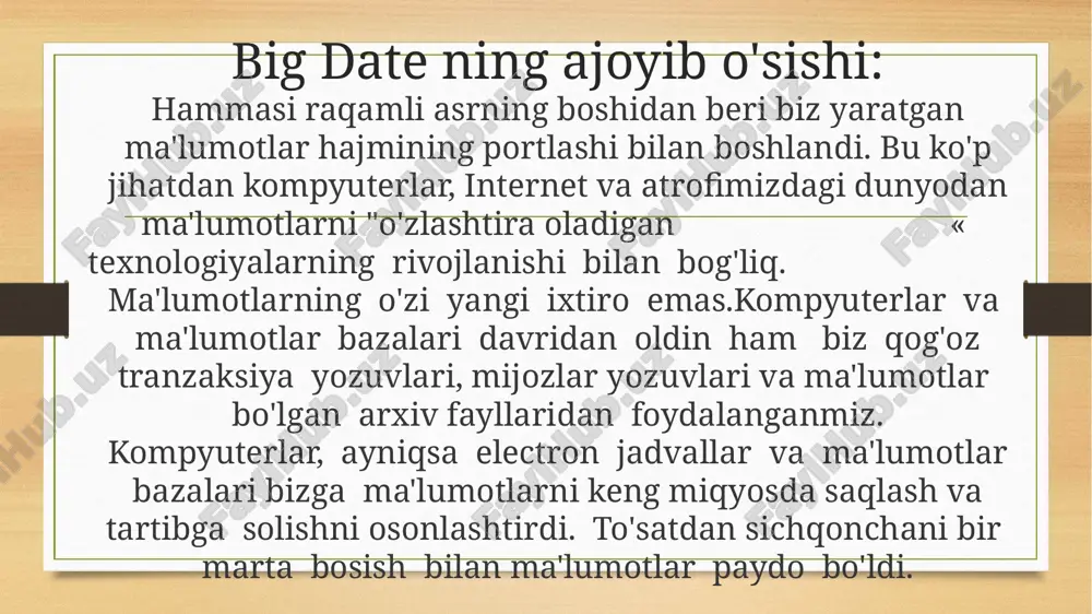 ini , ma'lumotlarni qayta ishlash va ularni raqamli ko'rinishda taqdim etishni o'rganadigan fan. data mining(ma'lumotlarni topish) - biron qonuniyatni topish maqsadida ma'lumotlarni intellektual analiz qilishga aytiladi. isroillik matematik grigoriy pyatetskiy-shapiro 1989-yilda bu atamani fanga kiritgan. machine learning(mashinali o'qitish) - o'zi o'rganadigan dasturlar yaratish amaliyoti va nazariyasi, sun'iy intellektning katta qismi. deep learning(chuqur o'qitish) - yanada murakkab va yanada mustaqil bo'lgan o'zi o'qidigan dasturlar yaratadigan mashinali o'qitish turi. sun'iy neyron tarmog'i - oddiy protsessorlar(sun'iy neyronlar) birlashtirilgan tizimi bo'lib, insonning nerv tizimini imitatsiya qiladi. business intelligence(biznes-analitika)-aniq strukturaga ega bo'lmagan juda katta hajmdagi ma'lumotlarni qayta ishlash natijasida muqobil biznes yechimlar izlashga aytiladi. e’tiboringiz uchun rahmat! image7.png image8.png image3.png image4.png /docprops/thumbnail.jpeg