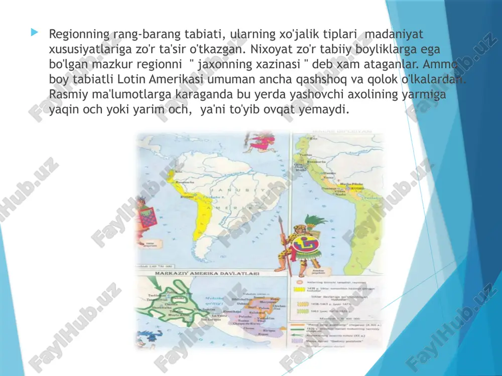 . asteklar kiyimlari erkaklarning kiyimlari etakli belbog' va kamzuldan iborat, ayollar yubka, yengsiz uzun ko'ylak kiyganlar. poyabzal teridan tikilgan. kiyimlari bezatilgan, bilaguzuk va bulokilar takkanlar, badanini bo'yaganlar. taomlari xam turli xilda, xar xil zira aralashtirib, xushxo'r kilingan. tosh yorg'ich bilan makkadan un tortib taom pishirganlar. asteklar shokoladni kashf etganlar. ammo ular “chokalatl” ni ichimlik sifatida iste'mol qilganlar. mayyalar davlati. mayyalarda davlat boshqaruvi. mayya davlati tepasida cheksiz huquqga ega bo'lgan xokim (xalach-vinik-buyuk odam) turgan. oliy koxin uning o'ng qo'li va maslahatchisi hisoblangan. buyuk odam soliq to'plash va qozilik qilish uchun qishloqlarga maxsus boshliq (batab) tayinlagan. astronomiya va boshqa bilimlarni yaxshi egallagan koxinlar katta obro'ga ega bo'lgan. mayyalar dehqonchiligi. mayya ancha rivojlangan dehqonchilik xo'jaligiga ega bo'lib, o'rmonlarni toshboltalar bilan kesib, daraxtlarni kuydirganlar, kul bosgan dalani yog'och bilan ishlab urug' sepganlar. asosiy ekini makkajo'xori xisoblangan, undan tashqari loviya, pomidor, kalampir, qovoq va paxta ekilgan. go'shtga it va kurka boqilgan, bundan tashqari ov qilib …