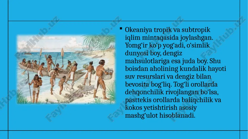 orollarning yo‘qolish xavfini keltirib chiqarmoqda. bu holat okeaniya xalqlarini yangi yashash joylari izlashga majbur qilmoqda. zamonaviy texnika, baliqchilik uskunalari, transport vositalari okeaniya iqtisodiyotini modernizatsiya qilmoqda. internet va aloqa tizimlarining rivoji ham xo‘jalik faoliyatini yengillashtirgan. okeaniya xalqlari xo‘jalik faoliyatini madaniy an’analarga moslashtirgan. masalan, hosil bayramlari, dengiz marosimlari, baliq ovlashga bag‘ishlangan urf-odatlar saqlanib qolgan. okeaniya davlatlari orasida iqtisodiy hamkorlik kuchaymoqda. “tinch okeani forumlari” doirasida savdo, transport, turizm va ekologiya bo‘yicha loyihalar amalga oshirilmoqda. xulosa okeaniya xalqlari o‘ziga xos xo‘jalik tizimini tabiat sharoitlariga mos tarzda shakllantirgan. ularning hayoti dengiz, dehqonchilik va turizm bilan chambarchas bog‘liq. bugungi kunda global muammolarga qaramay, okeaniya xalqlari milliy an’analarini saqlagan holda iqtisodiy rivojlanish sari intilmoqda. foydalanilgan adabiyotlar 1. karimov a., jahon mamlakatlari iqtisodiy geografiyasi, toshkent, 2020. 2. “oceania: the pacific islands” – cambridge university press, 2018. 3. wikipedia: economy of oceania (https://en.wikipedia.org/wiki/economy_of_oceania). 4. “pacific islands forum secretariat reports”, suva, 2021. 5. yusufov m., geografiya: osiyo va okeaniya mamlakatlari, …