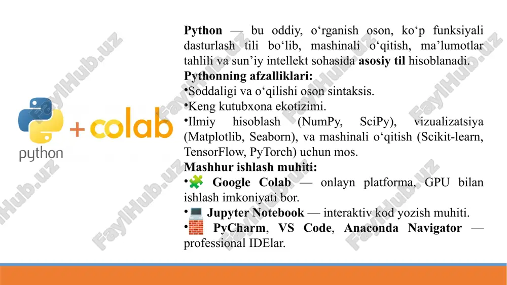 r='o', title='yillik sotuvlar dinamikasi') plt.show() plotly — bu interaktiv grafiklar yaratish uchun mo‘ljallangan zamonaviy kutubxona. u foydalanuvchi bilan grafik ustida harakatlanish, kattalashtirish, nuqtalarni bosish kabi funksiyalarni ta’minlaydi. import plotly.express as px # ma’lumotlar data = { 'yil': [2018, 2019, 2020, 2021, 2022], 'daromad': [400, 450, 500, 480, 550] } # dataframe yaratish import pandas as pd df = pd.dataframe(data) # interaktiv grafik fig = px.line(df, x='yil', y='daromad', title='yillik daromad dinamikasi') fig.show() asosiy grafik turlari px.line() — chiziqli grafik px.bar() — ustunli grafik px.scatter() — nuqtaviy grafik px.pie() — doiraviy grafik px.box() — boxplot px.histogram() — histogramma kutubxona asosiy vazifasi afzalligi scikit-learn klassik ml algoritmlari (regressiya, klassifikatsiya, klasterlash) soddaligi, tayyor funksiyalar tensorflow neyron tarmoqlar, deep learning gpu bilan ishlaydi, keng qo‘llaniladi pytorch deep learning, tajriba uchun qulay kodlar python’ga yaqin, tadqiqotlar uchun mos keras yuqori darajali api (tensorflow ustida ishlaydi) model yaratish oson mashinali o‘qitish jarayonida grafik tahlil quyidagi bosqichlarda ishlatiladi: …