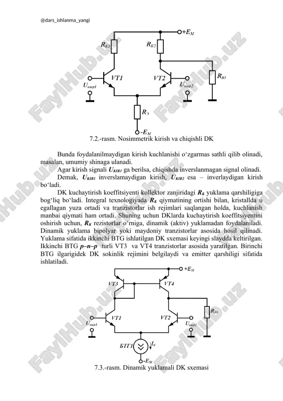 log signallar ustidan turli amallarni bajarishga mo‘ljallangan, differensial kuchaytirish prinsipiga asoslangan, kuchlanish bo‘yicha katta kuchaytirish koeffitsiyentiga ega bo‘lgan integral o‘zgarmas tok kuchaytirgichiga aytiladi. bunday amallarga qo‘shish, ayirish, ko‘paytirish, bo‘lish, integrallash, differensiallash, masshtablash kabi matematik amallar kiradi. hozirgi kunda oklar analog va raqamli qurilmalarda kuchaytirish, cheklash, ko‘paytirish, chastotani filtrlash, generatsiyalash, signallarni barqarorlashda qo‘llanilib kelmoqda. buning uchun oklarga musbat va manfiy teskari aloqa (ta) zanjirlari kiritiladi. ta zanjirlari yordamida oklar yuqorida qayd etilgan amallarni (operatsiyalarni) bajaradilar. okga quyiladigan talablar ok sxemalari ish prinsipini tushunish va tahlilini aniqlashtirish maqsadida ideal ok tushunchasi kiritiladi. ular quyidagi xossalarga ega: - cheksiz katta kuchlanish bo‘yicha kuchaytirish koeffitsiyenti ku0=∞ (real oklarda 1 mingdan 100 mln. gacha); - siljitish kuchlanishi usil=0, ya’ni ikkala kirishlarda kuchlanishlar teng bo‘lsa, chiqishdagi kuchlanish ham nolga teng bo‘ladi (real oklarda usil = 5 mkv÷50 mv); - chiqish toklari nolga teng (real oklarda na ulushlaridan birlik mka gacha); - chiqish qarshiligi nolga teng (real …
