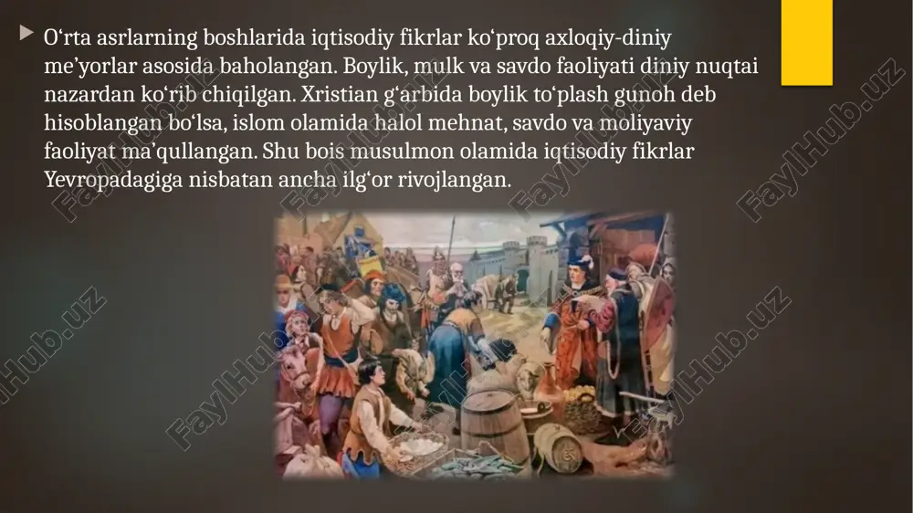 iy qarashlari nafaqat o‘z davrida, balki keyingi asrlarda ham yevropa iqtisodiy tafakkuriga katta ta’sir ko‘rsatgan. ayniqsa, ibn xaldun g‘oyalari iqtisodiy sotsiologiya va siyosiy iqtisod nazariyasining shakllanishiga zamin yaratgan. o‘rta asrlar iqtisodiy tafakkuri insoniyat tarixida iqtisodiy g‘oyalarning shakllanishi va evolyutsiyasi jarayonida muhim bosqich bo‘ldi. bu davrda jamiyatning moddiy hayoti, ishlab chiqarish va taqsimot jarayonlari diniy, axloqiy va siyosiy omillar bilan chambarchas bog‘liq edi. feodal tuzum sharoitida ishlab chiqarishning asosiy manbai yer bo‘lganligi sababli, iqtisodiy fikrlar ham ko‘proq agrar sohalarga qaratilgan edi. ammo o‘rta asrlar oxirida savdo, hunarmandchilik va moliyaviy munosabatlarning kengayishi yangi iqtisodiy qarashlarga asos soldi. xulosa qilib aytganda, o‘rta asrlar iqtisodiy g‘oyalari insoniyat tafakkurining rivojlanishida o‘ziga xos o‘rin tutadi. bu davr mutafakkirlari iqtisodiy adolat, halol mehnat va ijtimoiy farovonlik tamoyillarini ilgari surgan holda, keyingi iqtisodiy nazariyalarning shakllanishiga asos solganlar. image6.jpeg image7.jpeg image8.jpeg image9.jpeg image10.jpeg image11.png image12.png image13.jpeg image14.jpeg image15.jpeg image16.jpeg image17.jpeg image2.png image3.png image4.png image5.png /docprops/thumbnail.jpeg