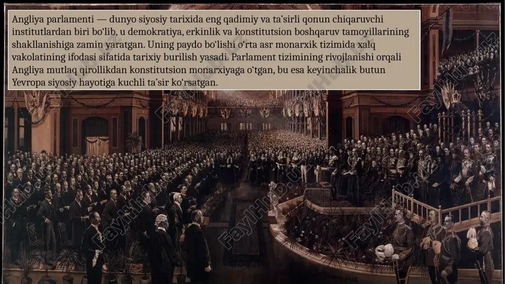 arishdagi asosiy organ sifatida mustahkamlandi. bu o‘zgarishlar parlamentni yanada demokratlashtirdi. 14 parlament qonun loyihalarini muhokama qiladi, qabul qiladi va qirol tomonidan tasdiqlangach, u qonun kuchiga ega bo‘ladi. har bir qonun loyihasi uch bosqichli o‘qishdan o‘tadi va jamoatchilik fikri hisobga olinadi. 15 parlament hukumat faoliyatini doimiy ravishda nazorat qiladi. deputatlar savollar beradi, hisobotlarni tinglaydi va zarur hollarda ishonchsizlik votumini e’lon qiladi. bu orqali ijro hokimiyatining javobgarligi ta’minlanadi. 16 deputatlar muntazam ravishda saylovchilar bilan uchrashuvlar o‘tkazadi, ularning muammolarini tinglaydi va qonun loyihalariga takliflar kiritadi. bu parlamentni xalq manfaatlariga yanada yaqinlashtiradi. 17 britaniya parlament tizimi dunyodagi ko‘plab davlatlar uchun namuna bo‘ldi. kanada, avstraliya, hindiston, yangi zelandiya kabi mamlakatlarda “vestminster modeli” asosida parlamentlar tashkil etildi. 18 angliyada parlament faoliyati ko‘plab tarixiy marosimlar bilan bezatilgan. qirol sessiyani ochish nutqini o‘qiydi, “qora rod” marosimi lordlar palatasi an’analarini eslatadi. bu marosimlar parlament tarixining uzluksizligini ifodalaydi. 19 parlament demokratiya madaniyatini rivojlantiradi. u so‘z erkinligi, fikr xilma-xilligi va siyosiy …