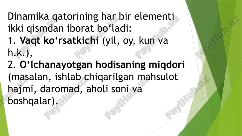 yoki har chorak bo‘yicha. ma’lumotlar to‘liq va ishonchli bo‘lishi zarur. chunki xatolik tahlil natijalarini noto‘g‘ri qiladi. bu jadval — interval dinamika qatori bo‘lib, har bir yil uchun umumiy ishlab chiqarish hajmini ko‘rsatadi. dinamika qatorlarini tahlil qilish dinamika qatorlarini tahlil qilishda quyidagi masalalarga e’tibor qaratiladi: o‘sish tendensiyasini aniqlash: hodisaning barqaror yoki o‘zgaruvchan o‘sish sur’atlari. eng yuqori va eng past qiymatlarni taqqoslash: qaysi davrda eng katta o‘sish yoki pasayish bo‘lganini topish. grafik tahlil: dinamika qatori ma’lumotlarini diagramma yoki grafik ko‘rinishida tasvirlash — o‘zgarishlarni ko‘rish uchun qulay. prognozlash: o‘tmishdagi ma’lumotlar asosida kelgusi davr uchun taxminiy natijalarni hisoblash. xulosa dinamika qatorlari iqtisodiy jarayonlarning vaqt bo‘yicha o‘zgarishini ko‘rsatadigan muhim statistik vositadir. ular yordamida hodisalarning o‘sish yoki kamayish tendensiyasi aniqlanadi, tahlil qilinadi va kelgusidagi natijalar prognozlanadi. dinamika qatorlarini to‘g‘ri tuzish, tasniflash va hisoblash iqtisodiy tahlilning aniqligini ta’minlaydi hamda samarali boshqaruv qarorlarini qabul qilishga yordam beradi. image1.png image2.png /docprops/thumbnail.jpeg