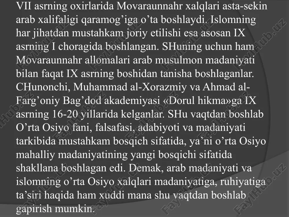 ng fikricha, aql, mehnat, erkin tanlash insonning hayotini va ijtimoiy holatini belgilaydi. inson o’z ehtiyojlarini mehnat tufayli qondiradi deydi. g’iyosiddin abulfath umar ibn xayyom (1048 - 1131) umar xayyom qomusiy olim edi. uning 600 yildan so’ng aniqlagan matematik formulalari mavjud. xayyom, shuningdek, 11 yoshli shahzodani davolagan hakim, quyosh va oy tutilishini, ob-havo qanday bo’lishini avvaldan aytib beruvchi munajjim ham edi. buxoro hukmdori umar xayyom bilan suhbat chog’ida yuksak hurmat-e’tiborining belgisi sifatida uni doimo o’z yoniga – taxtga o’tqazgan. umar xayyom bilish nazariyasi uning tabiiy va ilmiy qarashlari bilan uzviy bog’langan. umar xayyomning materializmi, uning dinga qarshi ateistik mulohazalari bilan mushtarak. ma’lumki, idealistlar va islom dini peshvolari, shu jumladan g’azzoliy ham zo’r berib yerdagi hayot ahamiyatini inkor etishga, u dunyo, jannat va do’zax to’g’risidagi fikrlarni olg’a surishga intildilar. umar xayyom esa islom dinining narigi dunyo, jonning o’lmasligi,jannat va do’zax to’g’risidagi ta’limotlarni rad etdi. abu hamid muhammad al g’azzoliy (1058 - 1111) …