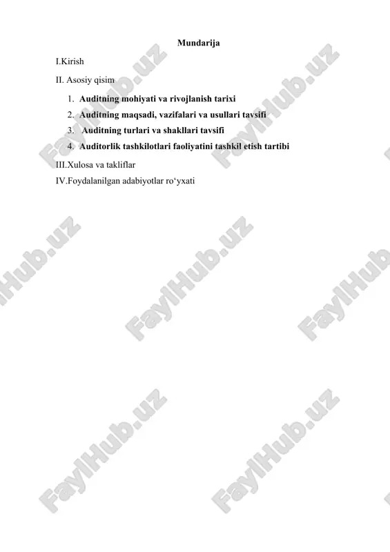 atta, tekshirilayotgan korxonadagi ahvol bezab ko’rsatilmasdan, auditorga taqdim qilingan axborot haqiqiy bo’lgandagina ehtiroslarga berilmagan va real auditorlik hisoboti hamda xulosa shakllanadi. aks holda, auditorlik tekshiruvi befoyda va uni o’tkazish uchun sarflangan mablag’ esa zoe ketadi. auditor hisobotda keltirilgan kamchiliklar bo’yicha ularni bartaraf qilishga karatilgan o’z takliflarini ham ko’rsatib o’tishi lozim. lekin tekshirilayotgin korxona xodimlariga «yaxshilik» qilish maqsadida auditor shaxsan o’zi dastlabki hujjatlar, hisob registrlari va buxgalteriya hisobotlaridagi xatolarni to’g’rilashi mutlaqo mumkin emas. shu bilan birga auditorlarga u yoki bu noxush faktlarni boshqacha qilib yoritishga yoki tekshiruvchilar uchun qulay xulosa tuzib berishga majburlash maqsadida ruhiy, jismoniy yoki boshqacha taz’yiqlar o’tkazgan hollarda ular qat’iylik va printsipiallik bilan ish tutishlari lozim. mavzuning maqsadi. korxonani auditorlik tekshiruvlari ishlab chiqarishni rejalashtirish va tashkil etish, korxonadagi tartib, mehnat va texnologik intizomni, tovar-moddiy zahiralarning omborlar va boshqa saqlash joylaridagi hisobi, mulklarning saqlanishi, hisob-kitoblar holati va korxona moliya-xo’jalik faoliyati hamda uning natijalariga sezilarli ta’sir ko’rsatadigan boshqa ko’plab holatlarni …
