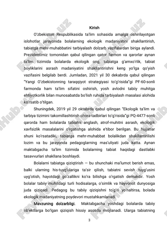 adi. tabiatdagi o‘zgarishlarni sezish, o‘z kuzatuvlarini ifodalay olish, voqealarning sabab-oqibatini tushunishga harakat qilish bolalarda mustaqil fikrlash va tahlil qilish ko‘nikmalarini rivojlantiradi. shu bilan birga, bolalarni tabiatga qiziqtirish metodlari haqida gapirganda, ekskursiyalar, dala mashg‘ulotlari va o‘yin shaklidagi mashg‘ulotlarning samarasi katta ekanligini ko‘rish mumkin. bolalar tabiat qo‘ynida bo‘lish jarayonida jonli taassurot oladilar, tabiatning bevosita go‘zalligini his qiladilar, undagi xilma-xil hayot shakllari bilan tanishadilar. aynan shu jarayonda ularda tabiatni asrash, unga zarar yetkazmaslik, uni qadrlash kabi ijobiy shaxsiy sifatlar shakllana boshlaydi. bugungi kunda maktabgacha ta’lim tizimida bolalarni tabiatga qiziqtirish masalasi yanada dolzarb bo‘lib bormoqda. chunki insoniyat oldida turgan eng muhim global muammolardan biri bu — ekologik muammolar, tabiat resurslarining cheklanganligi, global isish, bioxilma- xillikning kamayib borishi kabi muammolar hisoblanadi. shuning uchun ham bolalarda yoshligidan tabiatga ehtiyotkor munosabat shakllantirish jamiyat uchun juda katta ahamiyatga ega. shuningdek, bolalarda tabiatga qiziqishni shakllantirishda oila, bog‘cha jamoasi, pedagog, atrof-muhit va keng jamoatchilik hamkorligi 5 muhim o‘rin tutadi. tabiat …