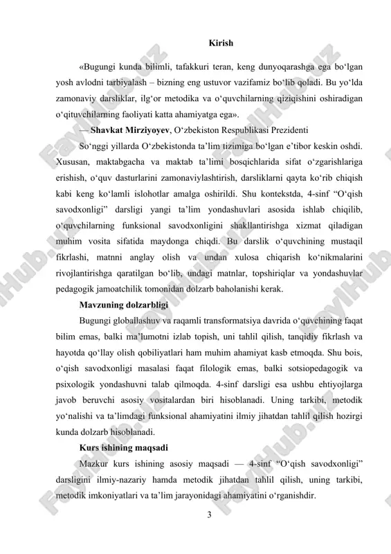 — 4-sinf uchun mo‘ljallangan, “o‘qish savodxonligi” nomli amaldagi darslikdir. kurs ishining predmeti ishning predmeti — mazkur darslikda aks etgan matnlar, topshiriqlar va metodik yondashuvlarning o‘quvchilarning o‘qish savodxonligiga ko‘rsatadigan ta’siridir. tadqiqot metodlari kurs ishida quyidagi ilmiy tadqiqot metodlaridan foydalanilgan: · tahlil (analiz) va sintez – darslik mazmunining ichki tuzilmasini o‘rganish uchun; · qiyosiy tahlil – turli sinflar va bosqichlar darsliklari bilan solishtirish uchun; · tajriba-metodik kuzatish – darslik asosida olib borilgan darslarda kuzatish va tahlil qilish; · empirik kuzatuv – o‘quvchilarning savodxonlik darajasini aniqlash asosida fikr yuritish. metodologik va nazariy asoslar tadqiqot quyidagi metodologik va nazariy manbalarga tayanadi: · o‘zbekiston respublikasi prezidentining ta’limga oid farmon va qarorlari; · zamonaviy ta’lim konsepsiyalari va funksional savodxonlik nazariyalari (pisa, pirls); · pedagogika va lingvodidaktika bo‘yicha a.a.vardanyan, g.galperin, sh.sharipov kabi olimlarning asarlari; · o‘zbekiston respublikasi xalq ta’limi vazirligi tomonidan tasdiqlangan o‘quv dasturlari va metodik tavsiyalar. ishning amaliy ahamiyati mazkur kurs ishining amaliy ahamiyati shundan iboratki, …