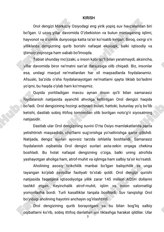 lishi, suv tanqisligi, qishloq xo‘jaligining inqirozi hamda sog‘liq uchun xavfli kasalliklarning ko‘payishi — bularning barchasi orol dengizi qurishining bevosita oqibatidir. mazkur mavzuning dolzarbligi shundaki, orol muammosi ekologik barqarorlikni tiklash, tabiiy resurslardan oqilona foydalanish, atrof-muhitni muhofaza qilish va kelajak avlod uchun sog‘lom hayot tarzini ta’minlash kabi strategik maqsadlar bilan bevosita bog‘liqdir. shu sababli, orol dengizining bugungi holatini o‘rganish, muammoning kelib chiqish sabablari, oqibatlari va hal qilish yo‘llarini tahlil qilish hozirgi davr uchun nihoyatda muhim hisoblanadi. mavzuni o‘rganilganlik darajasi: orol dengizi va uning ekologik muammolari mustaqillik yillarida ko‘plab olimlar, ekologlar va xalqaro tashkilotlar tomonidan o‘rganilgan. ushbu masalaga i.karimov, m.s. xudoyberganov, g.b. kamilov, n.m. mamajonov, v.s. glazovskiy, a.a. rafikov singari olimlar o‘z tadqiqotlarini bag‘ishlagan. shuningdek, bmt, yunesko, gef kabi xalqaro tashkilotlar tomonidan ham bir qator ilmiy- 5 amaliy loyihalar amalga oshirilgan. o‘zbekiston respublikasi fanlar akademiyasi, ekologiya va atrof-muhitni muhofaza qilish davlat qo‘mitasi, “orolni qutqarish” xalqaro jamg‘armasi kabi tashkilotlar ushbu sohada ilmiy tadqiqotlarni tizimli …