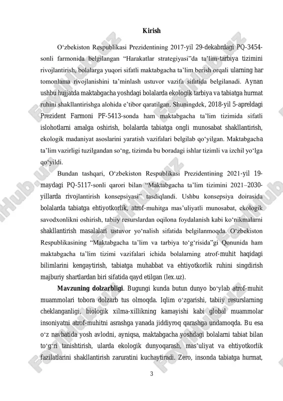 a ham xizmat qiladi. tabiat bilan tanishtirish orqali bolalar o‘z atrofidagi olamning rang-barangligini ko‘radi, tabiiy hodisalar mohiyatini anglaydi, o‘z bilimi va tajribasi asosida tabiat bilan muloqot qiladi. maktabgacha ta’lim muassasalarida tabiat burchaklari tashkil etilishi, ochiq havoda kuzatuv va tajriba ishlari o‘tkazilishi, bolalarning yer maydonlarida gullar va sabzavotlar ekib, ularni parvarish qilishi, jonivorlar va qushlar haqidagi bilimlarni amaliy faoliyat orqali o‘zlashtirishlari orqali tabiat bilan tanishtirish samaradorligi oshiriladi. shu orqali bolalarda o‘z mehnatiga, tabiatdagi har bir o‘zgarishga e’tibor, mas’uliyat va mehr-muhabbat paydo bo‘ladi. o‘zbekiston respublikasi prezidentining 2023-yil 10-fevraldagi pq-54-sonli qarorida ekologik tarbiya masalalari yana bir bor alohida qayd etilgan. unda barcha ta’lim muassasalarida, jumladan maktabgacha ta’lim tizimida ham bolalarda ekologik madaniyat, tabiatga ehtiyotkorlik bilan munosabat shakllantirish uchun zarur sharoitlar yaratish, o‘quv dasturlarini ekologik yo‘naltirish topshirig‘i berilgan. demak, bu sohadagi davlat siyosati bugungi kunda ham izchil davom etmoqda. maktabgacha yoshdagi bolalar rivojlanishining psixologik va pedagogik xususiyatlari ham tabiat bilan tanishtirish faoliyatida hisobga olinadi. …