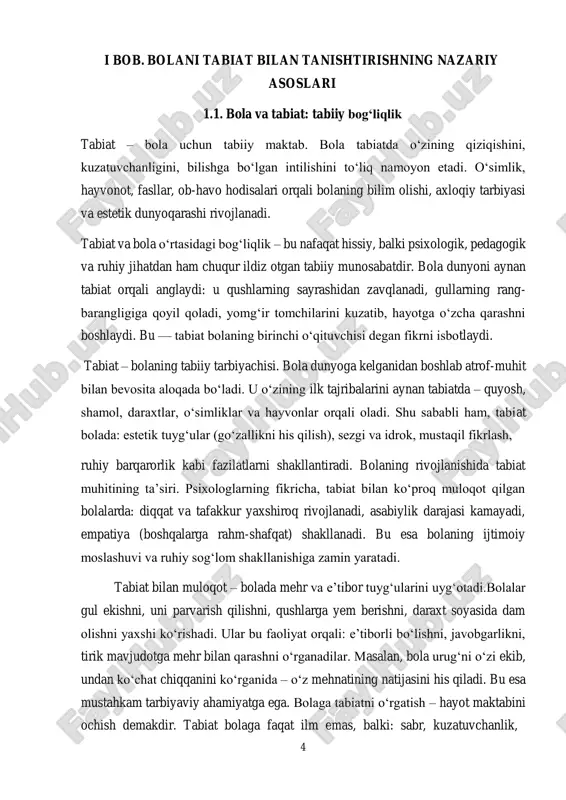 atrof-muhit bilan bevosita aloqada bo‘ladi. u o‘zining ilk tajribalarini aynan tabiatda – quyosh, shamol, daraxtlar, o‘simliklar va hayvonlar orqali oladi. shu sababli ham, tabiat bolada: estetik tuyg‘ular (go‘zallikni his qilish), sezgi va idrok, mustaqil fikrlash, ruhiy barqarorlik kabi fazilatlarni shakllantiradi. bolaning rivojlanishida tabiat muhitining ta’siri. psixologlarning fikricha, tabiat bilan ko‘proq muloqot qilgan bolalarda: diqqat va tafakkur yaxshiroq rivojlanadi, asabiylik darajasi kamayadi, empatiya (boshqalarga rahm-shafqat) shakllanadi. bu esa bolaning ijtimoiy moslashuvi va ruhiy sog‘lom shakllanishiga zamin yaratadi. tabiat bilan muloqot – bolada mehr va e’tibor tuyg‘ularini uyg‘otadi.bolalar gul ekishni, uni parvarish qilishni, qushlarga yem berishni, daraxt soyasida dam olishni yaxshi ko‘rishadi. ular bu faoliyat orqali: e’tiborli bo‘lishni, javobgarlikni, tirik mavjudotga mehr bilan qarashni o‘rganadilar. masalan, bola urug‘ni o‘zi ekib, undan ko‘chat chiqqanini ko‘rganida – o‘z mehnatining natijasini his qiladi. bu esa mustahkam tarbiyaviy ahamiyatga ega. bolaga tabiatni o‘rgatish – hayot maktabini ochish demakdir. tabiat bolaga faqat ilm emas, balki: sabr, kuzatuvchanlik, …