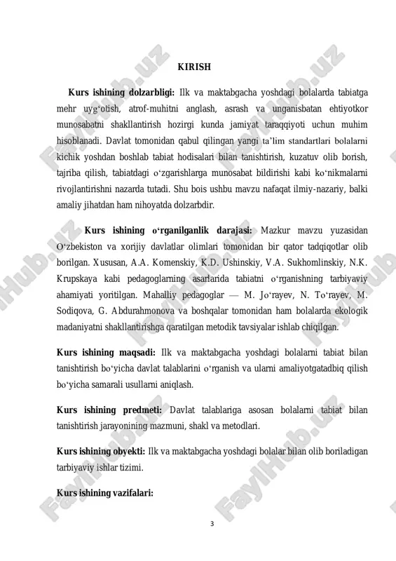 ish, 2 bob, asosiy qism,xulosalar, foydalanilgan adabiyotlar ro‘yxati va ilova va sahifadan iborat. 5 i bob. ilk va maktabgacha yoshdagi bolalar rivojlanishiga qo‘yiladigan davlat talablariningmazmuni. 1.1.o‘zbekiston respublikasining“ta’lim to‘g’risida”gi qonuni va davlat standartlarida belgilangan talablari. o‘zbekiston respublikasi maktabgacha ta’lim tizimini rivojlantirishga katta e’tibor qaratmoqda. ayniqsa, ilk va maktabgacha yoshdagi bolalar rivojlanishiga qo‘yiladigan davlat talablarini belgilovchi normativ-huquqiy hujjatlar tizimi yildan-yilga takomillashmoqda. mazkur talablar, avvalo, “ta’lim to‘g‘risida”gi qonun “maktabgacha ta’lim va tarbiya to‘g‘risida”gi qonun, davlat maktabgacha ta’lim standarti, “ilk qadam” o‘quv dasturi va boshqa tegishli me’yoriy hujjatlar asosida tartibga solinadi. “ta’lim to‘g‘risida”gi qonunning4-moddasida davlat ta’lim siyosatiningasosiy prinsiplari sifatida insonparvarlik, milliy va umuminsoniy qadriyatlarga asoslanish, uzluksizlik va izchillik, tenglik, hamkorlik tamoyillari ko‘rsatilgan. qonunning34- moddasida esa ta’lim mazmuni va sifatiga qo‘yiladigan davlat talablari — ya’ni davlat ta’lim standartlari ishlab chiqilishi, tasdiqlanishi va ularningbarcha ta’lim muassasalari uchun majburiy ekani belgilangan. maktabgacha ta’lim tizimi ham mazkur huquqiy me’yorlargato‘liq rioya qilgan holda faoliyat yuritadi. “maktabgacha ta’lim va tarbiya …
