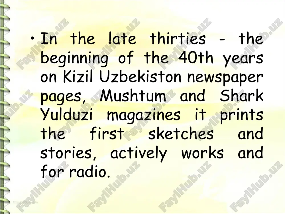 nition of his merits. the uzbek literature and culture suffered a bereavement on december 5, 2007 when on the 87th year of life the national writer of uzbekistan died.