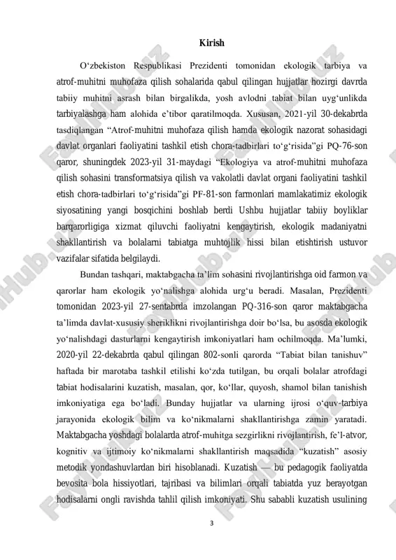 ‗qituvchi tarbiyachining pedagogik vazifasi — bolalarni tabiat fenomennari, masalan fasl o‗zgarishi, ob-havo hodisalari, o‗suvchi va rivojlanuvchi organizmlar bilan bog‗liq qiziqishini uyg‗otish va chuqurlashtirish. ushbu jarayon davomida tarbiyachining roli kuzatuvni tashkil etish, savol-javoblar orqali fikrni shakllantirish va tahliliy faoliyatni rag‗batlantirish hisoblanadi. shu yondashuv orqali o‗quv jarayoniga nafaqat bilim, balki ekologik madaniyat, mehnatsevarlik, hamkorlik hissi ham singdiriladi. ilmiy manbalarda maktabgacha yoshdagi bolalarni atrof-muhit bilan tanishtirishda uch bosqichli ta‘limiy sikl — ko‗ruv, amaliy faoliyat va mulohaza yuritish — asosiy pedagogik mexanizm sifatida tavsiflanadi. mavzuning dolzarbligi: maktabgacha yosh davri — bola hayotida eng muhim, faol va o‗zgaruvchan davr bo‗lib, bu bosqichda bolada asosiy hayotiy ko‗nikmalar, tafakkur, kuzatish va fikrlash qobiliyatlari shakllanadi. ayniqsa, bolani tabiat bilan tanishtirish orqali ularning atrof-muhit haqidagi tasavvurlarini boyitish, tabiatga nisbatan ehtiyotkorlik va mas‘uliyat hissini uyg‗otish, mustaqil fikrlashga yo‗naltirish mumkin. shu jihatdan, mazkur jarayonni innovatsion texnologiyalar asosida tashkil etish — zamonaviy ta‘limning asosiy talablari sirasiga kiradi. innovatsion texnologiyalar deganda, o‗quv-tarbiya jarayonida …