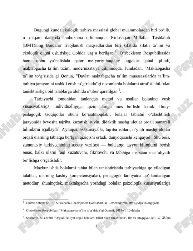 arbiyachi tomonidan tanlangan metod va usullar bolaning yosh xususiyatlariga, individualligiga, qiziqishlariga mos bo‗lishi kerak. ilmiy- pedagogik tadqiqotlar shuni ko‗rsatmoqdaki, bolalar tabiatni o‗zlashtirish jarayonida bevosita tajriba, kuzatish, o‗yin, didaktik mashg‗ulotlar orqali samarali bilimlarni egallaydi 6 . ayniqsa, ekskursiyalar, tajriba ishlari, o‗yinli mashg‗ulotlar orqali ularning tabiatga bo‗lgan qiziqishi ortadi, dunyoqarashi kengayadi. shu bois, zamonaviy tarbiyachining asosiy vazifasi — bolalarga tayyor bilimlarni berish emas, balki ularni faol kuzatuvchi, fikrlovchi va tabiatga nisbatan mas‘uliyatli bo‗lishga o‗rgatishdir. mazkur ishda bolalarni tabiat bilan tanishtirishda tarbiyachiga qo‗yiladigan talablar, ularning kasbiy kompetensiyalari, pedagogik faoliyatda qo‗llaniladigan metodlar, shuningdek, maktabgacha yoshdagi bolalar psixologik xususiyatlariga 4 . united nations (2015). sustainable development goals (sdgs). retrieved from https://sdgs.un.org/goals 5 . o‗zbekiston respublikasi ―maktabgacha ta‘lim to‗g‗risida‖gi qonuni, 2019-yil 16-dekabr 6 . shirinova, m. (2020). "o‗yinli faoliyat orqali bolalarni tabiat bilan tanishtirish", ilm va taraqqiyot, №3, 32–36-bet. 5 mos faoliyat turlari keng yoritiladi. bu orqali tarbiyachining amaliy faoliyatini yanada samarali tashkil etish yo‗llari o‗rganiladi. …
