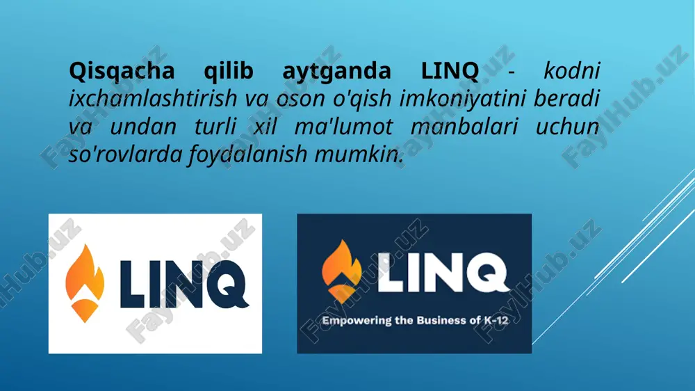 doshuv bilan taqqoslaganda yoziladigan kod miqdorini ancha kamaytiradi. tushunarli kod: linq kodni yanada tushunarli qiladi, shuning uchun boshqa ishlab chiquvchilar uni osonlikcha tushunishlari va saqlab turishlari mumkin. bir nechta ma'lumot manbalarini so'rov qilishning standartlashtirilgan usuli: bir xil ma'lumot manbalariga so'rov yozish uchun bir xil linq sintaksisidan foydalanish mumkin. so'rovlarning vaqt xavfsizligini kompilyatsiya qilish: kompilyatsiya vaqtida obyektlarning turini tekshirishni ta'minlaydi. intellisense-ni qo'llab-quvvatlash: linq umumiy to'plamlar uchun intellisense-ni taqdim etadi. ma'lumotlarni shakllantirish: siz har xil shakldagi ma'lumotlarni olishingiz mumkin. linq dan foydalanish linq dan foydalanish uchun bizga .net framework 3.5 va c# 3.0 kerak bo’ladi(foydalanish uchun minimum versiyalar). system kutubxonasiga qo’shimcha ravishda system.linq kutubxonasidan foydalanamiz. e’tibor uchun rahmat! image1.jpeg image2.jpeg image3.png image4.png image5.png image6.jpeg image7.png image8.png /docprops/thumbnail.jpeg