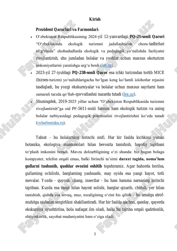 barg qanday rangi bor?  sezgirlikni oshiradi – hovuchda rostdan qum kabi hidi qanaqa?  diqqatni rivojlantiradi – qushlarning serqatnov parvozini kuzatish, barglar titrab turishini sezish. shuningdek, bu ekskursiyalar orqali bolalar hayotiy bilimni o‘zlashtiradi: barg tushadi, gullar ochiladi – hayot siklini tushunishadi. davlat farmonlari esa buni faqat nazariy emas, balki amaliy platformaga aylantirish, maktablarga, bog‘chalarga, maktabdan tashqari markazlarga “ekofasllar” deb nomlangan ekskursiyalarni rasmiylashtirishni nazarda tutadi. bahorda – gullar. yozda – suv hayoti. kuzda – barglar. qishda – sovuq va tozalik. har bir faslni alohida ekskursiya shakliga aylantirib, pedagogik va ekologik maqsadlar ham birlashtiriladi. faqatgina o‘qituvchining fikri bilan ishlamaymiz, balki hujjatlarda belgilangan yo‘nalish bo‘yicha: ekoturizm klasterlari, sinov maydonlari, ekologik o‘quv sayohatlar tashkil qilinadi – bu prezident qarorlarida aniq ko‘rsatilgan. demak, har bir faslga mos rejalar tuziladi, qonunchilik bu ishni ta’minlaydi, bosqichma-bosqich bu rejalarni amaliyotga tatbiq etamiz. kurs ishining maqsadi. turli fasllarda, turli yosh guruhidagi bolalar uchun tabiatga ekskursiyalar tashkil qilish jarayonini …