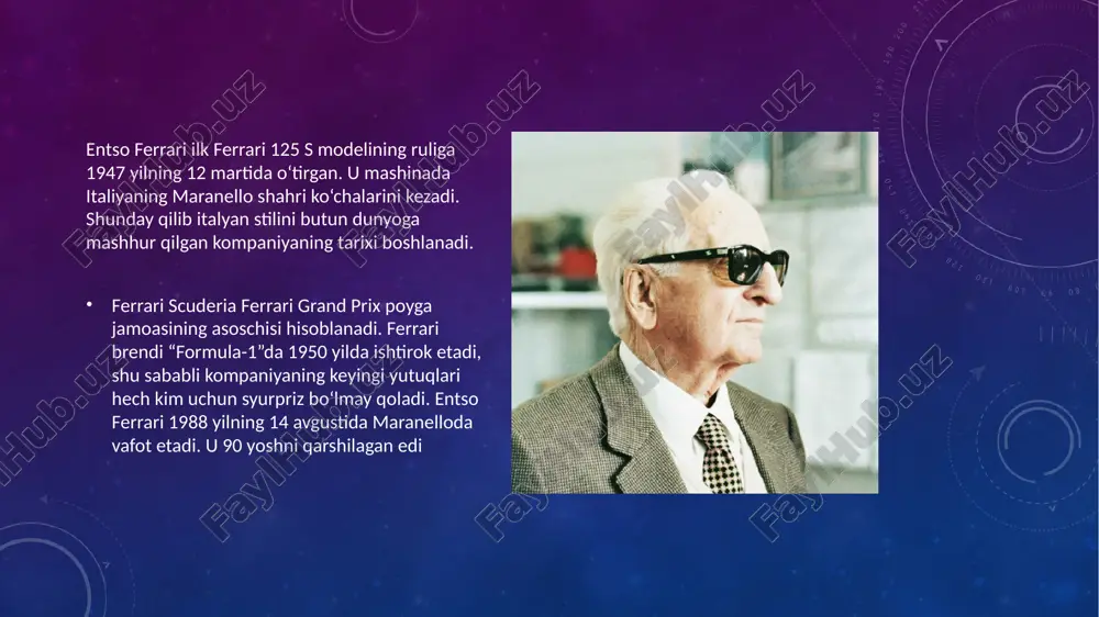 mun kolleksiyasidagi boshqa ba’zi avtomobillarni, masalan pachoqlangan ferrari dino’ni ham ko‘rish mumkin. ferrari’ning orqa uzatmaga ega bo‘lgan har qanday sportcha avtomobili “dino” nomi ostida ishlab chiqarilar edi, uning kapoti ostida kamida 12 ta silindr bo‘lib, 1968–1976 yillar oralig‘ida ishlab chiqarilgan. garchi dino’ning paydo bo‘lishi sal arzonroq avtomobillar ishlab chiqarishga urinish bo‘lgan bo‘lsa-da, model brend fanatlari ichida katta shuhrat qozongan. ideal sharoitlarda avtomobil porsche 911’ga raqobat qilishi mumkin edi. avtomobil entso ferrarining 24 yoshida vafot etgan o‘g‘li nomiga qo‘yilgan. dino 246 ferrari’ning nisbatan ommaviy ishlab chiqarilgan ilk avtomobili bo‘lgan bunday modeldan 3,5 mingtasi sotilgan. bu fotosuratda toni bruks monako gran-prisida ferrari dino 246 №50 rulida 1959 yilda monte karlo ko‘chalarida sayr qilmoqda. dino’ning 2,4 litr hajmli, 195 ot kuchi quvvatli dino 246 kabi modellari yuqorisi yopilgan gt avtomobil-kupelari ko‘rinishida ishlab chiqilgan. 1971 yildan so‘ng uning asosida spyder gts modeli paydo bo‘lgan. britaniyalik poygachi toni bruks “formula-1” poygalari bo‘yicha 39 ta jahon …