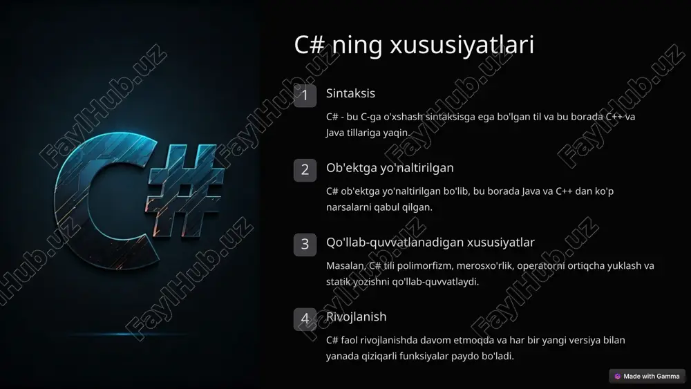 i qurilmadan mustaqil birliklarda o'lchanadi, bu esa dasturlarni turli ekran yechimlariga moslashtirishga imkon beradi. * kengaytirilgan grafik imkoniyatlar 2d va 3d grafikalar 2d va 3d grafikalarni qo'llab-quvvatlaydi. animatsiyalar animatsiyalarni qo'llab-quvvatlaydi. usub va ma'lumotlarni bog'lash usub va ma'lumotlarni bog'lashni qo'llab-quvvatlaydi. winforms bilan integratsiya wpf dasturlarida winforms elementlarini ishlatish imkoniyati teskari moslashuvchanlikni ta'minlaydi. * multimedia multimedia bilan ishlashni qo'llab-quvvatlaydi multimedia bilan ishlashni qo'llab-quvvatlaydi, bu esa boy va interaktiv dasturlar yaratishga imkon beradi. * wpf ning cheklovlari resurslarga bo'lgan talablar wpf dasturlari, kengaytirilgan grafik imkoniyatlari tufayli, winforms bilan solishtirganda ko'proq xotira iste'mol qilishi mumkin. o'yinlar uchun samaradorlik muammolari o'yinlar yoki yuqori yuklamali 3d grafikaga ega dasturlar yaratish uchun maxsus freymvorklardan (masalan, directx, unity yoki monogame) foydalanish tavsiya etiladi. cheklangan kross-platforma wpf asosan windows operatsion tizimiga mo'ljallangan, bu esa kross-platformali dasturlarni ishlab chiqish imkoniyatlarini cheklaydi. * wpf arxitekturasi boshqariladigan api presentationframework.dll, presentationcore.dll, windowsbase.dll boshqarilmaydigan api milcore.dll, windowscodecs.dll operatsion tizim va directx direct3d, user32.dll * …