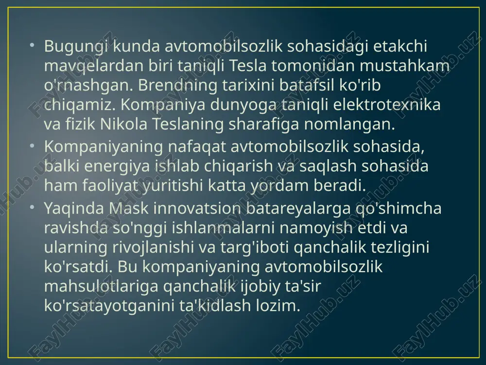 hinaning har qanday dizayndan farqli o'laroq noyobligi borligi va bu jamoatchilikni qiziqtirgani uchun katta rahmat. tesla semi - bu elektr yuritmali ko'p tonnali yuk mashinasi. 500 tonna yukni hisobga olgan holda elektr yuk mashinasining quvvat zaxirasi 42 km dan ortiq. kompaniya uni 2021 yilda chiqarishni rejalashtirmoqda. teslaning tashqi ko'rinishi yana jamoatchilikni hayratda qoldirdi. bu koinotdan bo'lmagan narsaga o'xshash, haqiqatan ham ajoyib ichki salohiyatga ega ulkan traktor. elon maskning ta'kidlashicha, yaqin kelajakdagi rejalar - robotaksi xizmatining ochilishi. tesla elektromobillari belgilangan yo'nalishlar bo'ylab odamlarni haydovchilar ishtirokisiz etkazib berish imkoniyatiga ega bo'ladi.ushbu taksining asosiy xususiyati shundaki, har bir tesla egasi o'z avtomobilini masofadan turib avtomobil almashinuvi uchun topshirishi mumkin. kompaniya quyosh energiyasini konversiyalash sohasida juda ko'p ishlarni amalga oshirdi. biz hammamiz janubiy avstraliyadagi firmaning buyuk ishini eslaymiz. u erda odamlar elektr energiyasi bilan bog'liq katta muammolarni boshdan kechirganliklari sababli, kompaniya rahbari quyosh energetikasi fermasini qurishga va bu masalani bir marta hal qilishga va'da …