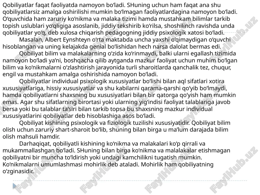 .l. golubeva, v.m. rusalov). boshqa yo‘nalish – qobiliyatlarni individual, o‘yin, o‘quv, mehnat faoliyatida tadqiq qilish (a.n. leontevning faoliyatga yondoshuvidan). bu yo‘nalish faoliyat bo‘yicha qobiliyatlarning rivojlanish aniqlovchilarini o‘rganadi, bunda iste’dod nishonalari ahamiyatga olinmaydi. keyinchalik s.l. rubinshteyn maktabida (a.v. brushlinskiy, k.a. abdulxanova-slavskaya) qobiliyatlar muammosini o‘rganishga o‘zaro kelishuvga asoslangan nuqtai nazar tarkib topdi. bu qarashning tarafdorlari bo‘lgan olimlar, odamda yuzaga keladigan qobiliyatlarni iste’dod nishonalari asosida, faoliyat usullarining rivojlanishi sifatida ko‘rib chiqqan edilar. qobiliyatlarning juda ko‘p turlari mavjud. hozirgi zamon psixologiyasida inson qobiliyatlarining tasniflanish turlari ko‘pchilikni tashkil etadi. ularning ichidagi umumiy tasniflashga ko‘ra qobiliyatlar ikki guruhga: umumiy va maxsus qobiliyatlarga bo‘ladi. bu guruhlarning har biri oddiy va murakkab, guruh ichida esa alohida turlarga bo‘linadi. umumiy boshlang‘ich qobiliyatlar – bu qobiliyatlar turli darajadagi ifodalanishda bo‘lsada, barcha odamlarga xos. ularga psixik aks ettirishning asosiy shakllari: sezish, idrok qilish, esda olib qolish, qayg‘urish, fikrlash, xayol surish, qaror qabul qilish va amalga oshirish kiradi. bu qobiliyatlarning boshlang‘ich ifodalari …