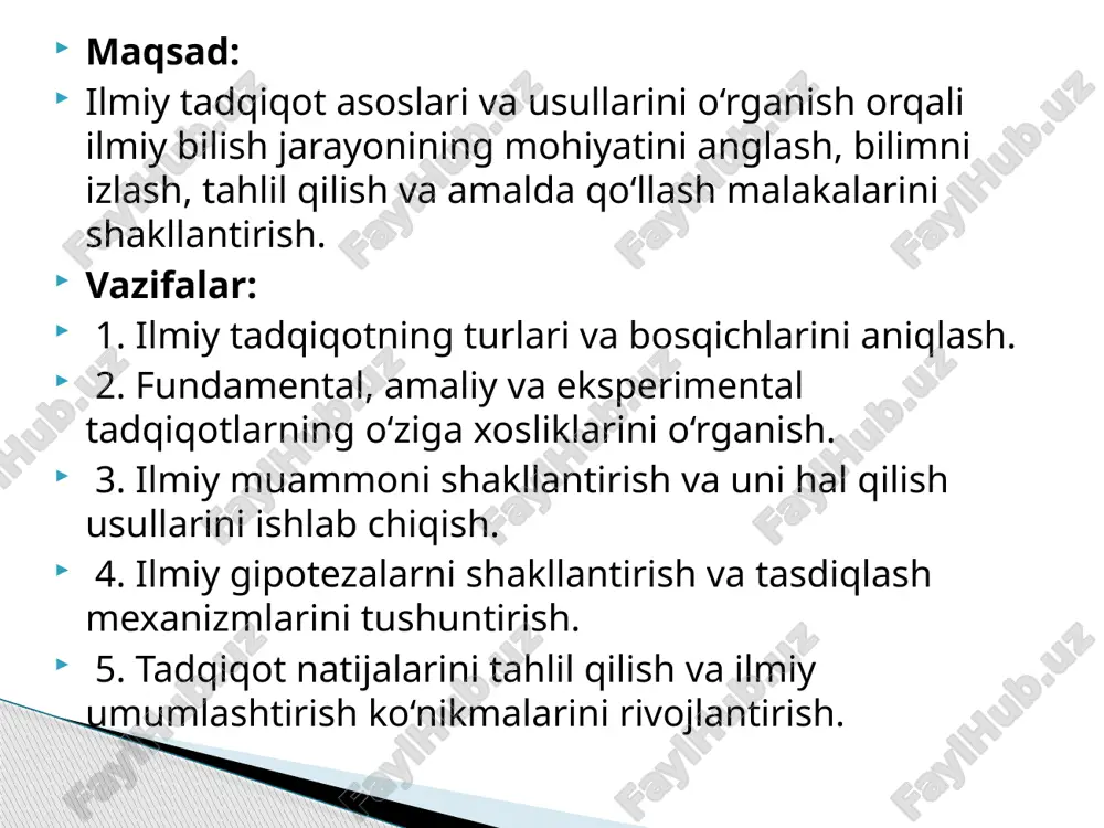 h. tanlangan mavzuning dolzarbligini asoslash va ifoda etish: 2-bosqich. tadqiqotning maqsadi va vazifasini ifodalash: 3-bosqich. nazariy tadqiqotlar: 4-bosqich. eksperimental tadqiqotlar (tasdiqlash, to‘g‘rilash yoki nazariy tadqiqotlarni inkor etish uchun): 5-bosqich. ilmiy tadqiqotlarni tahlil qilish va rasmiylashtirish: 6-bosqich. joriy etish va iqtisodiy samaradorlik: fundamental va amaliy tadqiqotlar quyidagi bosqichlardan iborat bo‘ladi: 1-bosqich. tanlangan mavzuning dolzarbligini asoslash va ifoda etish: – bo‘lajak tadqiqotlarga taalluqli muammolar bilan mamlakat va xorijiy adabiy manbalar bo‘yicha tanishish, uning dolzarbligini asoslash; – muammolar bo‘yicha tadqiqotlarning muhim yo‘nalishlarini belgilash va tasniflash; – mavzuni ifodalash va tadqiqot annotatsiyasini tuzish; – texnikaviy topshiriqni ishlab chiqish va ilmiy tadqiqot ishlari (iti) umumiy kalendar rejasini tuzish; – kutilayotgan iqtisodiy yoki boshqa foydali samarani oldindan belgilash. 2-bosqich. tadqiqotning maqsadi va vazifasini ifodalash: – mamlakat va xorijiy nashrlar bibliografik ro‘yxatini tanlash va tuzish (monografiya, darsliklar, maqolalar, patentlar, kashfiyotlar va b.), shuningdek, tanlangan mavzu bo‘yicha ilmiy-texnikaviy hisobot tuzish; – mavzu bo‘yicha manbalar va referatlar annotatsiyasini tuzish; …