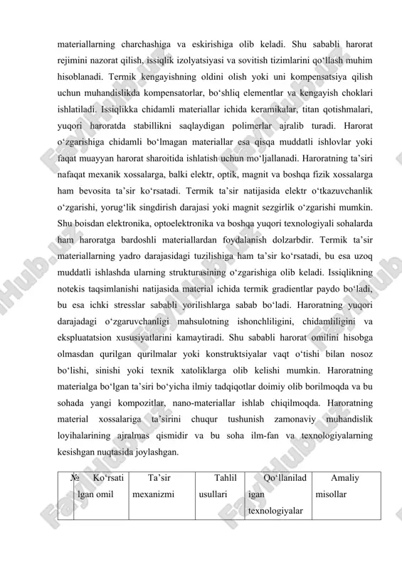 tsiyalar vaqt o‘tishi bilan nosoz bo‘lishi, sinishi yoki texnik xatoliklarga olib kelishi mumkin. haroratning materialga bo‘lgan ta’siri bo‘yicha ilmiy tadqiqotlar doimiy olib borilmoqda va bu sohada yangi kompozitlar, nano-materiallar ishlab chiqilmoqda. haroratning material xossalariga ta’sirini chuqur tushunish zamonaviy muhandislik loyihalarining ajralmas qismidir va bu soha ilm-fan va texnologiyalarning kesishgan nuqtasida joylashgan. № ko‘rsatilgan omil ta’sir mexanizmi tahlil usullari qo‘llaniladigan texnologiyalar amaliy misollar 1 harorat o‘zgarishi material kengayadi yoki qisqaradi termik kengayish nazariyasi termo-kameralar, sensorlar temir yo‘l relslari 2 termik charchash davriy issiqlik yuklamalari strukturani buzadi charchash tahlili kompyuterli simulyatsiya (ansys) ichki dvigatellar 3 haroratning lokal ta’siri mahalliy qizish deformatsiyaga olib keladi mahalliy tahlil metodikasi lazerli infraqizil kameralar payvand choklari 4 sovuq muhitda ta’sir past harorat mo‘rtlikni oshiradi mekhanik kuchlanish nazariyasi kriogen kameralar qutb hududlaridagi konstruktsiyalar 2.kinematik omillarning deformatsiyaga ta’siri kinematik omillarning deformatsiyaga ta’siri muhandislik va mexanika sohalarida alohida ahamiyat kasb etadi chunki harakatdagi jismlarga ta’sir qiluvchi tezlik, tezlanish va boshqa …