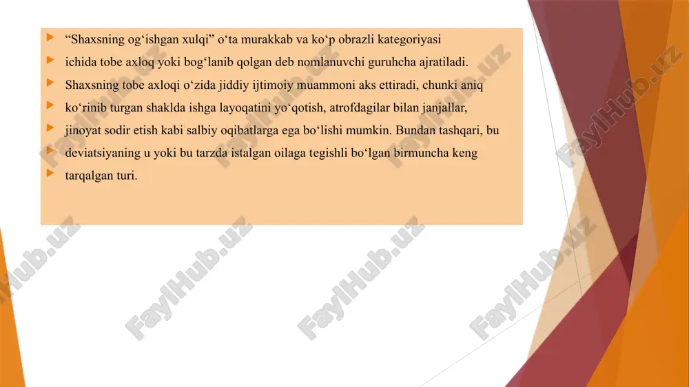 g boshqa turlariga kirishish, odamlar bilan muloqotdan lazzat olish, qiziqish, relaksatsiyalanish, shaxsning boshqa tomonlarini rivojlantirish, o‘zmaylini namoyon qilish, hatto eng yaqin kishilarini hissiy jihatdan qo‘llab-quvvatlashga layoqatsiz bo‘lib qoladi. umuminsoniy tajriba, ijtimoiy me’yorlar, qadriyatlar, bilimlar va faoliyat usullari shaxs tomonidan boshqa odamlar bilan muloqotlar jarayonida o‘zlashtiriladi. addikt o‘zini bu jarayonlardan to‘xtata oladi, o‘z hayotiy tajribasini boyitishdan to‘xtaydi, shu orqali muloqotning eng muhim vazifalarini buzadi. addiktning boshqa odamlar bilan birgalikdagi faoliyati jarayonida o‘zaro qiyinchiliklar yuzaga keladi. muloqotning disfunksional jarayonlari bilan bir qatorda shaxslararo persepsiyaning identifikatsiya, empatiya, refleksiya kabi ahamiyatga ega bo‘lgan mexanizmlari buziladi, o‘zgarib ketadi va o‘z qimmatini yo‘qotadi. demak, o‘zini hamkor o‘rniga qo‘yib ko‘rish, qo‘shilib qayg‘urish, o‘zini atrofdagilar qanday qabul qilishini tasavvur etish layoqati yo‘qoladi. axloqning addiktiv shakliga ega bo‘lgan shaxslarning quyidagi psixologik xususiyatlari alohida ajratiladi: 1. inqirozli vaziyatlarga yaxshi chidamlilik bilan bir qatorda qiyinchiliklarga chidamlilikning pastligi 2. tashqaridan namoyon qilingan ustunlik bilan uyg‘unlashgan nomukammallikning yashirin kompleksi 3. yolg‘on gapirishga intilish. …