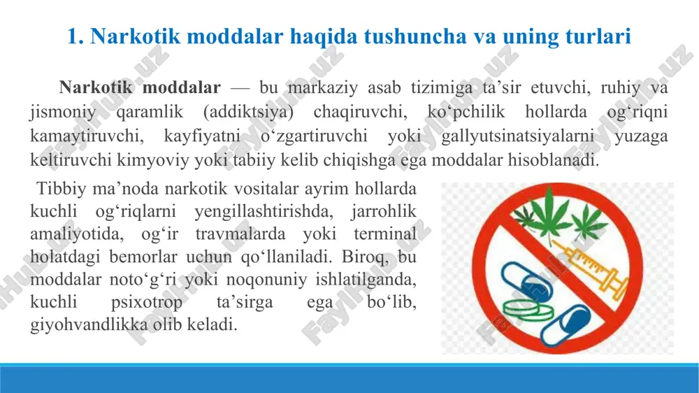 ngan? qaysi modda va qancha miqdorda iste’mol qilingan? modda tanada qanday o‘zgarishga uchragan? 4. biologik namunalar bilan ishlash narkotik moddalarni aniqlash uchun tanadan olingan biologik materiallar asosiy manba bo‘lib xizmat qiladi. har bir namunada moddaning saqlanish muddati, aniqlanish sezgirligi farqlidir: biologik namuna afzalliklari kamchiliklari narkotik moddani aniqlash muddati siydik tez, oson olinadi, arzon faqat so‘nggi iste’mol haqida ma’lumot beradi 1–7 kun (moddaga qarab) qon moddaning miqdorini aniq ko‘rsatadi tahlil olish murakkab, qisqa vaqt aniqlanadi 12–48 soat tupuk noinvaziv, og‘ir hollarda qo‘llanadi qon darajasiga yaqin, ammo har doim sezgir emas 12–72 soat soch uzoq muddatli aniqlash maxsus laboratoriya kerak 1 oydan 6 oygacha yoki undan ortiq tirnoq juda uzoq muddatgacha aniqlanishi mumkin sezuvchanlik past, kam ishlatiladi bir necha oy najas, teri kam qo‘llaniladi, qo‘shimcha manba sifatida ishlatiladi narkotik turlari bo‘yicha aniqlik past noaniq ayniqsa, tibbiyot, kriminalistika, sud-tibbiy ekspertizasi, farmatsevtika sohalarida bu yondashuv hal qiluvchi rol o‘ynaydi. shuning uchun biokimyoviy tahlil texnikalari …