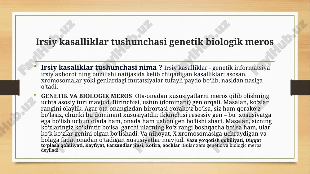 tologiyasini, mutatsion va evolyusion jarayonlarning maʼlum bir qonuniyatlarini oʻrganish mumkin. oʻzbekistonda "ona va bola" shifoxonalarida tibbiy genetika xonalari mavjud, toshkentda va viloyatlar markazlarida "skrining" markazlari ochilgan, ularda yangi tugilgan chaqaloqlar bir necha irsiy kasalliklariga tekshiriladi. by izzatillo etiboringiz uchun raxmat image5.png image6.png image7.jpeg image8.jpeg image9.jpeg image3.png image4.png