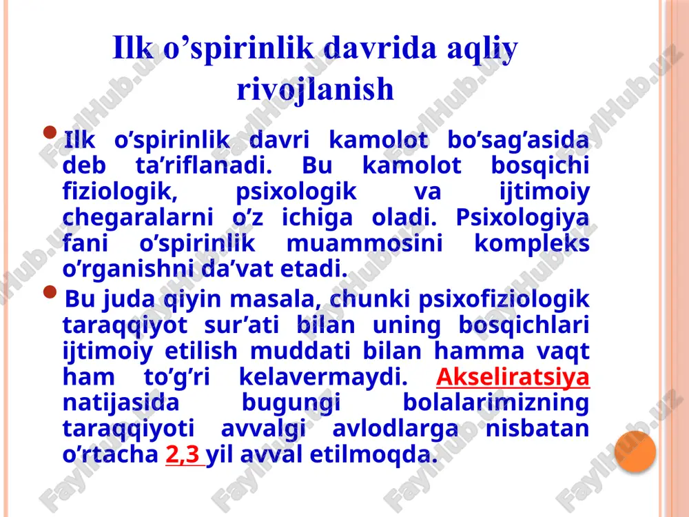 gan) tiplarni joylashtirish mumkin ilk o‘spirinlikni o’rganishda sotsiogenetik yo‘nalish ijtimoiy psixologiyaning ta’siri bilan bogliq. nemis psixologi k.levinning «maydon nazariyasi» bo‘yicha insonning xulq-atvori, bir tomondan shaxsning, ikkinchi tomondan uni o’rab turgan muhitning funksiyasidir. lekin shaxs xususiyatlari va muhit xislatlari o‘zaro bogliq. bola oiladan, maktabdan tashqarida mavjud bola olmaydi, chunki bu ijtimoiy institutlar alohida olingan individlarsiz bo’lishi mumkin emas. levin shaxsiy va muhit tarkibiy qismlarining birligi va o‘zaro ta’sirini hayotiy yoki psixologik fazo deb ataydi. levin konsepsiyasining yutugligi shundaki, u o‘spirinlikni ijtimoiy-psixologik hodisa sifatida qaraydi, shaxsning psixik taraqqiyotini uning ijtimoiy holatining o‘zgarishi bilan boglaydi. ilk o‘spirinlik biogenetik va sotsiogenetik yo‘nalishlarining umumiy xususiyati shundaki, taraqqiyotning manbaalari va harakatga keltiruvchi kuchlarini ular psixik omillardan tashqarida izlaydilar. birinchi holda organizmda ro‘y beradigan biologik jarayonlarga urg‘u beriladi, ikkinchisida shaxs ishtirok etadigan ijtimoiy jarayonlarga urg‘u beriladi. psixogenetik yo‘nalish har ikkala yo‘nalishning ahamiyatini kamaytirmagan holda, psixik jarayonlarning rivojlanishini birinchi olinga qo‘yadi. bu yo'nalishni uchga bolib o’rganish mumkin. ular:psixogenetik …