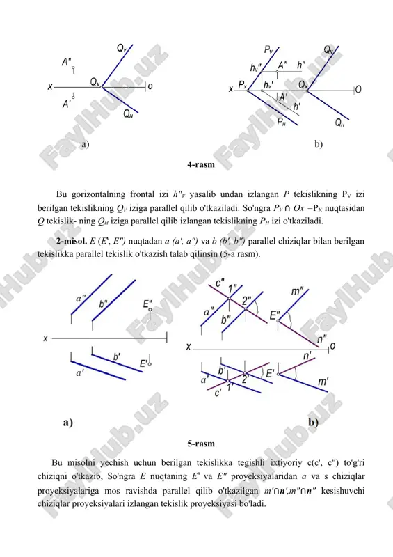 sh chizig'ining proyeksiyalari bo'ladi. agar tekisliklarning izlari birinchi oktantda kesishmasa u holda bir nomli izlarini davom ettirib ularning kesishuv nuqtasini boshqa oktantda topish bilan kesishuv chizig'i nuqtalarining proyeksiyalarini yasash mumkin. masalan, t (th, tv) va p (ph, pv) tekisliklarning (8-rasm) gorizontal izlari tn va pn ikkinchi oktantda kesishadi. kesishuvchi tekisliklarning biri gorizontal tekislik bo'lsa, bu tekisliklar gorizontal chiziq bo'yicha kesishadi. 8-rasm 9-a,b-rasmda umumiy vaziyatdagi t tekislik bilan h1 gorizontal tekislikning kesishish chizig'i h gorizontal bo'ladi. agar umumiy vaziyatdagi tekislik frontal tekislik bilan kesishgan bo'lsa, bu tekisliklar frontal bo'yicha kesishadi. ammo kesishuvchi tekisliklarning biri proyeksiyalovchi tekislik bo'lsa, proyeksiyalovchi tekislikning xossasiga muvofiq, ularning kesishish chizig'ining proyeksiyalaridan biri proyeksiyalovchi tekislikning izida bo'ladi (10-rasm). 9-rasm kesishuvchi tekisliklarning bir nomli izlari chizma chegarasida kesishmasa, ularning kesishish chizig'ini yordamchi tekisliklar vositasida aniqlash mumkin. masalan, umumiy vaziyatdagi р(рн, pv) va t(th, тv) tekisliklarning kesishish chizig'ini yasash uchun h1 gorizontal va v1, frontal tekisliklardan foydaianiladi (11-rasm). 10-rasm 11-rasm …