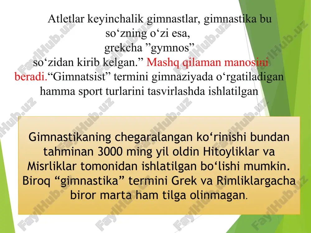 birinchiliklaridir. akrobatika mashqlari akrobatik sakrashlar va statik holatlarni ham o`z ichiga olgan muvozanat saqlash mashqlarini birlashtiradi. ular turli kontingentlar bilan o`tkaziladigan mashg`ulotlarda kuch, chaqqonlik, epchillikni, reaktsiya tezligini, fazoda mo`ljal olishni rivojlantirish uchun, shuningdek, vestibulyar apparatni mashq qildirish uchun keng qo`llaniladi. badiiy gimnastika mashqlari gimnastika asboblari (arg`amchi, gardish, sharf, to`p, cho`qmolar va x.k) bilan g asboblarisiz ijro etiladigan, shartli jihatidan turlicha tantsa harakteridagi harakatlarning uzviy va birikib ketgan kombinatsiyalaridan iborat. ular muzika jo`rligida ijro etilib, jismoniy kafolot hamda nafislik, erkinlik va jozibadorlikni tarbiyalash vositasi bo`lib xizmat qiladi. bunday mashqlar kontingenti xotin-qizlardan iborat mashg`ulotlarda qo`llaniladi. oyoq siltash uchun kon. bo‘yi 160 sm eni 36 sm, dastaklari 40-45 sm oraliqda simmetrik o‘rnatilgan, dastaklarning kon sirtidan balandligi 12 sm, poldan esa 120 sm bo‘ladi. sakrash uchun kon. uning o‘lchamlari ham dastkali konga o‘xshash bo‘ladi. konning poldan balandligi 110-150 sm, ayollar uchun 110 sm balandlikda bo‘ladi. bruslar. a) erkaklar parallel bruslar yog‘ochning uzunligi 350sm, poldan …