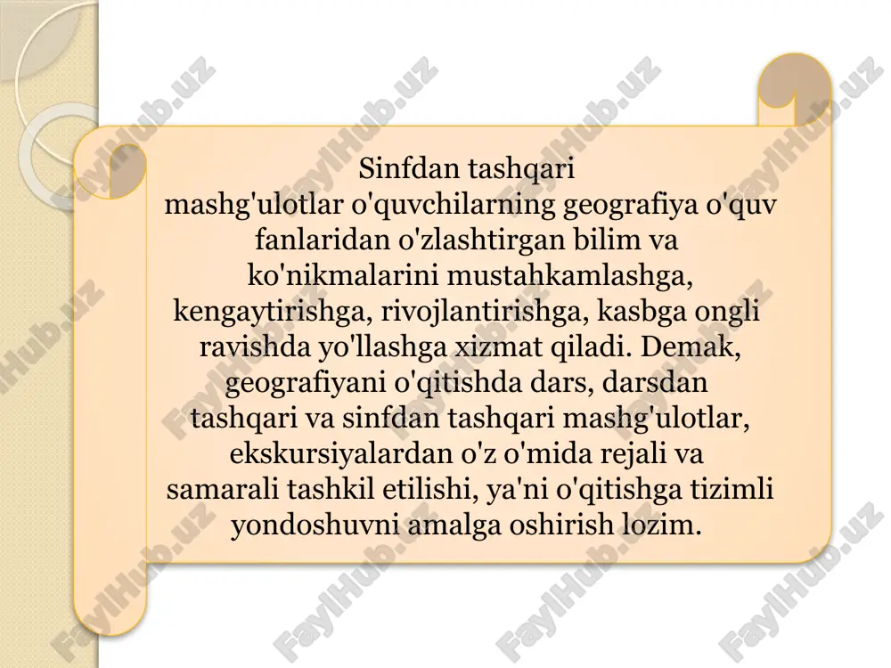 bo'ladi, chunki bunda o ‘quvchilar faqat ularning tashqi ko‘rinishinigina emas, balki xarakterli harakatlari va xulq-atvorlari bilan ham tanishish imkoniyatiga ega bo'ladilar. tirik hayvonlar bo'lmaganda ularning chuchelalari (tulumlari), mulyajlari yoki fotosuratlari va rasmlaridan foydalanish mumkin. biroq tirik hayvonlarni tabiiy sharoitlarda ko‘rsatuvchi kinofilmlar o‘quvchilarga ancha haqiqiy tasawurlami beradi. jonsiz tabiatni o‘rganishda ham tabiiy tarqatma material, masalan, har xil rangdagi granit, sluda, kvars, dala shpati, loy, qum, kalsit (bor, marmar, ohaktosh), tuz (o‘g‘itlash uchun), tosh tuzi va kaliy tuzi, toshko'mir, temir, mis rudalarining namunalari, shuningdek, metallar hamda qotishmalar (temir, cho‘yan, po‘lat, aluminiy, birinj), tuproq namunalari va boshqalar bo‘lishi kerak. bolalarda bevosita qabul qilish mumkin bo‘lmagan tabiat jismlari va hodisalari to‘g‘risida aniq va to‘g‘ri tasawurlar hosil qilish uchun ko‘rgazmali qurollardan keng foydalaniladi. tabiatshunoslik kursini o‘rganish uchun zarur bo‘lgan ko'plab ko‘rsatuv jihozlari maxsus do'konlarda sotiladi.chunonchi 3 -4 - sinflarda tabiatshunosiikni o‘rganish uchun «jonajon o‘lka tabiati» turkumidagi jadvallar chop 96etilgan. xulosa xulosa qilib aytganda, o'qituvchi yillik …
