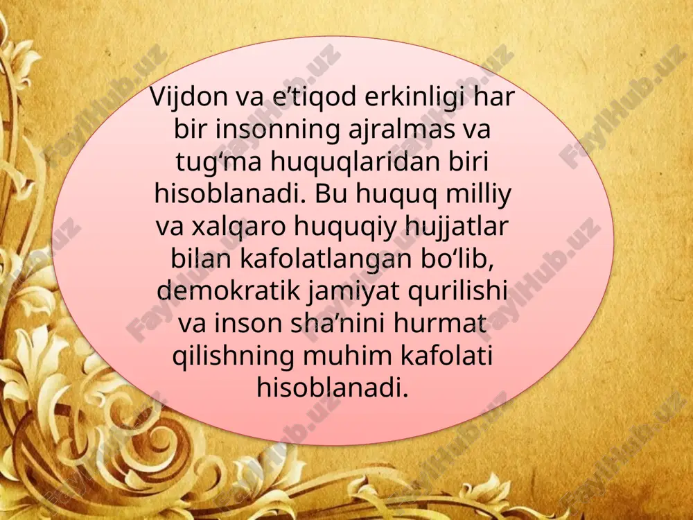 on respublikasining konstitutsiyasi (1992-yil) mamlakatda barcha fuqaro va shaxslarning teng huquqlari va erkinliklarini kafolatlaydi. konstitutsiyaning 31-moddasida vijdon erkinligi quyidagicha ta’riflanadi: “har kim vijdon erkinligiga haqlidir. har kim istalgan dinga e’tiqod qilish yoki hech qanday dinga e’tiqod qilmaslik huquqiga ega. diniy qarashlarni majburan singdirishga yo‘l qo‘yilmaydi.” o‘zbekiston xalqaro miqyosda vijdon erkinligini ta’minlash bo‘yicha ko‘plab majburiyatlarni o‘z zimmasiga olgan. o‘zbekiston respublikasi bmtning inson huquqlari umumjahon deklaratsiyasi va fuqarolik va siyosiy huquqlar to‘g‘risidagi xalqaro paktga a’zo bo‘lib, ushbu hujjatlarda belgilangan vijdon erkinligi huquqini tan oladi. shuningdek, yevropa inson huquqlari konvensiyasi (1950) va boshqa xalqaro huquqiy hujjatlar ham o‘zbekistonning xalqaro majburiyatlarini mustahkamlaydi. bular orqali mamlakat vijdon erkinligi huquqini jamiyatda himoya qilishga va unga rioya qilishga intiladi. o‘zbekistonda diniy tashkilotlarning faoliyatini boshqarish, nazorat qilish va ro‘yxatdan o‘tkazish tartibi qonuniy ravishda tartibga solingan. diniy tashkilotlar faqat davlat tomonidan belgilangan qonuniy me’yorlarga javob bersa, ro‘yxatdan o‘tkazilishi mumkin. bu davlatning diniy faoliyatga aralashmasligini, lekin diniy tashkilotlarning qonun doirasida …