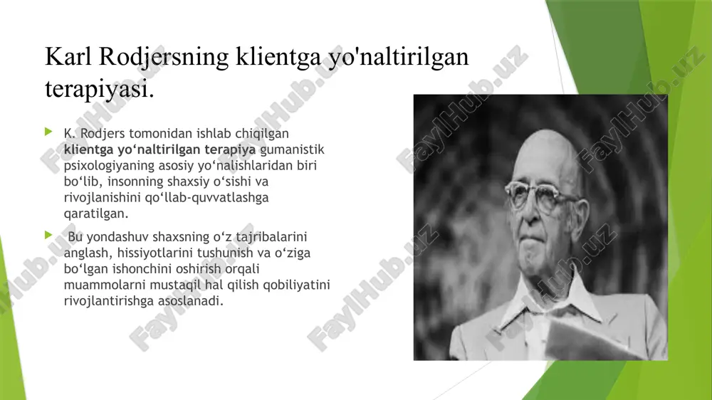 iduatsiya natijasida inson o‘z ongi va ongsizligini muvozanatlashtirib, mukammal shaxsiyatga aylanadi. 2. analitik psixologiyada asosiy nazariyalar kollektiv ongsizlik nazariyasi – barcha insonlarda umumiy bo‘lgan tajribalar, tushunchalar va ramzlar mavjudligi haqida tushuncha. psixik energiya (libido) nazariyasi – libido nafaqat jinsiy energiya (freyd aytgandek), balki ijodiy va ma’naviy o‘sish uchun ham yo‘naltirilishi mumkin. tushlar tahlili – tushlar inson ongsizida mavjud bo‘lgan muhim ma’lumotlarni ochib berishi mumkin. psixologik tiplash – yung insonlarni ekstrovert va introvert tiplarga ajratgan va ularning ruhiy faoliyatini to‘rtta asosiy funksiyaga bo‘lgan: fikrlash, hissiyot, sezgi va intuitsiya. 3. yung tomonidan taklif qilingan psixologik tiplash yungning tipologiyasi bo‘yicha insonlar ikki asosiy turga bo‘linadi: 🔹 ekstrovertlar – energiyasini tashqi dunyoga yo‘naltirgan, ijtimoiy va faol insonlar. 🔹 introvertlar – ichki dunyosiga ko‘proq e’tibor beradigan, tahlil qiluvchi va chuqur fikrlaydigan insonlar. har bir tur o‘z navbatida quyidagi funksiyalar asosida bo‘linadi: fikrlovchilar – mantiq va tahlil qilish orqali qaror qabul qiladi. hissiyot egalari – hissiyotlar …