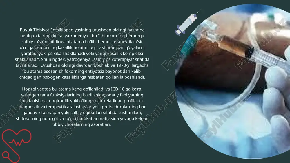 diagnostik muolajalar, profilaktik muolajalar) natijasida kelib chiquvchi kasallik. infeksion yatrogeniya – bu be’morda tibbiyot xodimlarining noto’g’ri xarakatlari tufayli kelib chiquvchi infeksiya. infeksion 494 yatrogeniyaning sababi diagnostik, organizatsion va davolash – profilaktik tadbirlarda aseptika konunlariga rioya qilmaslik. bundan tashqari infeksion yatrogeniya sababi gemokomponent terapiya va emlashlarni o’tkazishda ehtiyot qoidalarini buzish. pfaqatgina jarrohlik amaliyotining barcha bosqichlarida aseptika qoidalariga qat’iy rioya qilishgina infeksion yatrogeniyaning oldini olish imkonini beradi. barcha sanalgan yatrogeniyalarning jarrohlikka aloqasi bor. ayniqsa somatik yatrogeniyalar guruxidan eng xavflisi bo’lib diagnostik yatrogeniyalar xisoblanadi, u esa o’z ortidan noto’g’ri davolash, invaziv tekshirish usullaridan keyin infeksion asoratlar kelib chiqishi mumkin. tibbiyotda turli yatrogen patologiyalar kelib chiqish sabablari xar xil bo’lib, ular jarroxlik bo’limi shifokori ishining turli bosqichlarida kelib chiqishi mumkin. diagnostik bosqichda: - be’mor axvolini tavsiflovchi anamnez va ob’yektiv ma’lumotlar, laborator, apparat – instrumental va boshqa ko’rsatkichlarni yetarli darajada bo’lmasligi. - diagnostik va jarroxlik muolajalari natijasida a’zo va to’qimalarning jarohatlanishi. - turli xil reaksiya …