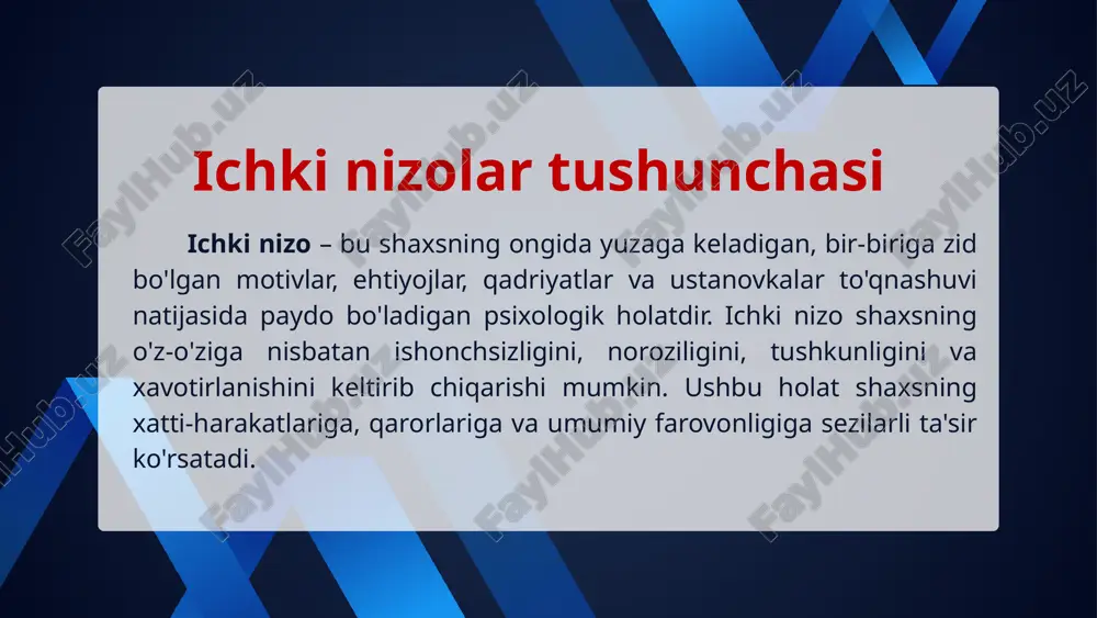 zolar va ijtimoiy izolyatsiya kiradi. ichki nizo shaxsning boshqa odamlar bilan munosabatlarini yomonlashtiradi, hamkorlik qilish qobiliyatini kamaytiradi va ijtimoiy guruhlarga qo'shilishiga to'sqinlik qiladi. ba'zi hollarda ichki nizo ijtimoiy zo'ravonlikka, jinoyatchilikka va boshqa antisotsial xatti-harakatlarga olib kelishi mumkin. sog'liqqa ta'siri uyqusizlik, bosh og'rig'i, yurak urishining tezlashishi, qon bosimining oshishi, oshqozon-ichak kasalliklari, mushaklarning tarangligi va boshqa turli xil somatik muammolarni o'z ichiga oladi. ichki nizo shaxsning immunitet tizimini zaiflashtiradi, kasalliklarga chidamliligini kamaytiradi va surunkali kasalliklarning rivojlanishiga olib kelishi mumkin. ba'zi hollarda ichki nizo yurak-qon tomir kasalliklari, saraton va boshqa hayot uchun xavfli kasalliklarning rivojlanishiga hissa qo'shishi mumkin. shaxslararo nizolar nizo – bu shaxslar yoki guruhlar o'rtasida manfaatlar, qarashlar, ehtiyojlar yoki qadriyatlarning mos kelmasligi natijasida yuzaga keladigan ziddiyatli vaziyatdir. nizo, odatda, bir tarafning maqsadiga erishishi boshqa tarafning maqsadiga erishishiga xalaqit beradi yoki xavf tug'diradi deb hisoblanganda paydo bo'ladi. shaxslararo nizolar, ayniqsa, inson munosabatlarida muhim rol o'ynaydi va ularning mohiyatini tushunish muvaffaqiyatli boshqarish uchun …