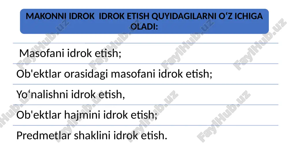 i yaratdi. unga koʻra, biz ob'ektlarni geonlarga (geometrik qism – silindr, toʻrtburchak, konus, doira, yoy, va boshqalar) boʻlish orqali tanib olamiz. i. bidermaning fikricha 24 ta maxsus shakl boʻlib, alfavitga kabi tizimni tashkil etadi. masalan, piyola va chelakning tarkibiy geonlari silindr va kamon shaklidir. chelak uchun kamon figuraning yuqori qismi, piyola uchun esa yon tomonning bir qismidir yaqindir. eslatma!!!!!!! i.bidermanning fikricha, inson 30 minga yaqin murakkab geometrik shakllardan foydalanadi, lekin ularning 3 mingtasini nomi bor . geonlar va obyektlar (i.biderman) geometrik geonlar 1 –ta'rif . vaqtni idrok etish - bu voqe'likdagi hodisalarning tezligi, tempi, ritmi va ketma-ketligini sub'ektiv aks ettirishdir. 2-ta'rif. vaqtni idrok etish - hodisaning davomiyligini ifodalovchi idrokning oʻziga xos turi. vaqtni idrok etish quyidagicha kechadi: 1. xronometriya - ob'ektning bir tekis harakati yordamida oʻlchanadigan vaqtni hisoblash, masalan, soatning strelkasi; 2. xronologiya - barcha odamlar uchun umumiy boʻlgan hodisalarni vaqt bilan aks ettirish: fasllar, yashagan yillar soni va boshqalar; …