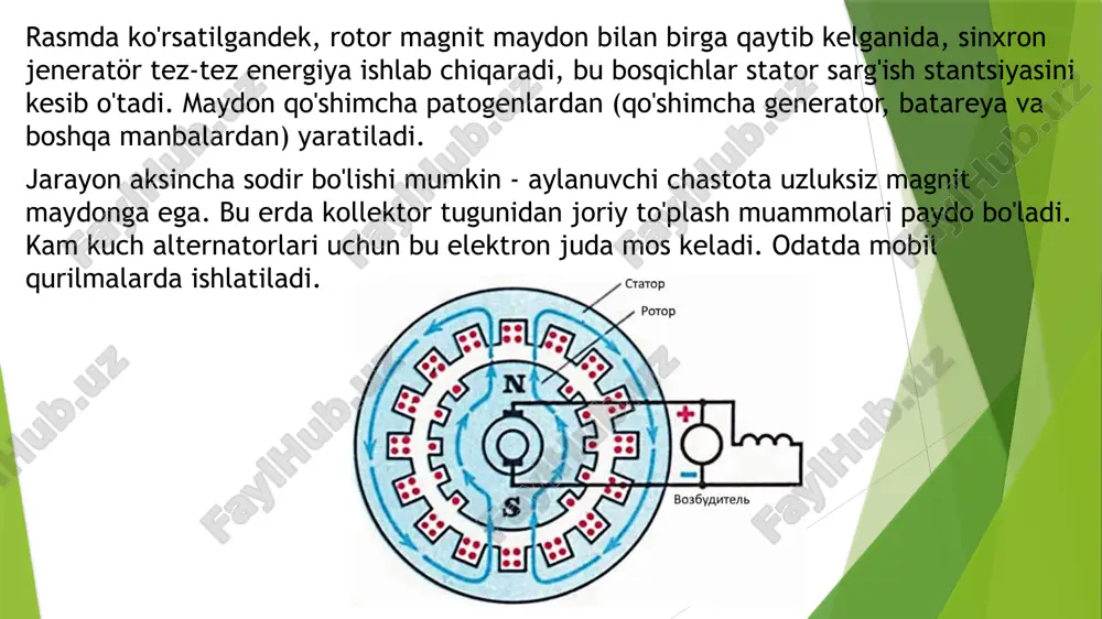 quvvat koeffitsientining qiymati yuqorilashadi. haqiqatan, sinxron motori quvvat koeffitsientining qiymati yuklamadan tashqari, rotordagi qo‘zg‘atish chulg‘amiga beriladigan o‘zgarmas tok iq ga ham bog‘liq bo‘ladi. sinxron mashinalar qutblari bir-biridan tubdan farq qiluv­chi ikki xil kostruksiyali bo‘ladi: ayon qutbli va noayon qutbli. energetik qurilmalar (elektr stansiyalar)da sinxron genera­torni harakatga keltiruvchi birlamchi motorlarda asosan uch xil motorlar ishlatiladi: bug‘ turbinalari, gidravlik turbinalar yoki ichki yonar motorlar (dizellar). ular xar biri generatorning yuritmasi bo‘lishi bilan, generator konstruksiyasiga o‘zining hal qiluvchi ta’sirini o‘tkazadi. yurituvchi motor gidravlik turbina bo‘lsa, sinxron generator gidrogenerator deyiladi.sinxron mashinalar qutblari bir-biridan tubdan farq qiluv­chi ikki xil kostruksiyali bo‘ladi: ayon qutbli va noayon qutbli. energetik qurilmalar (elektr stansiyalar)da sinxron genera­torni harakatga keltiruvchi birlamchi motorlarda asosan uch xil motorlar ishlatiladi: bug‘ turbinalari, gidravlik turbinalar yoki ichki yonar motorlar (dizellar). ular xar biri generatorning yuritmasi bo‘lishi bilan, generator konstruksiyasiga o‘zining hal qiluvchi ta’sirini o‘tkazadi. yurituvchi motor gidravlik turbina bo‘lsa, sinxron generator gidrogenerator deyiladi. agar rotor …