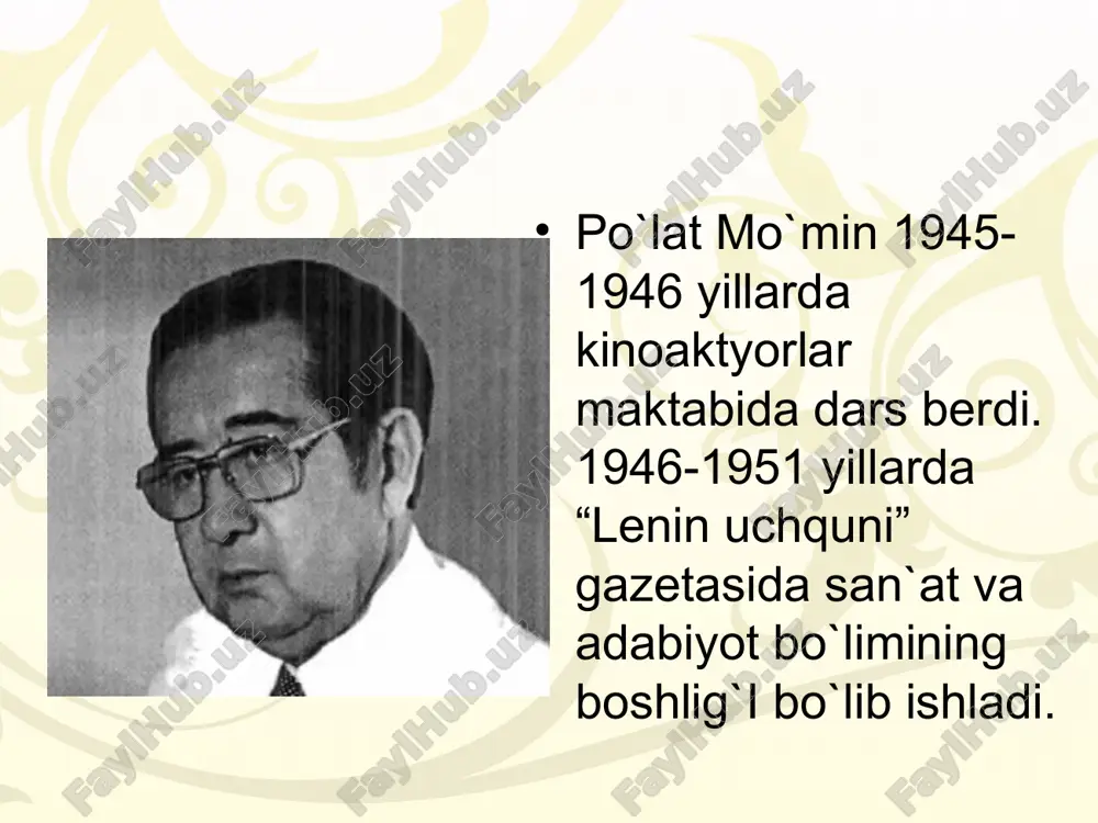 `minning bolalar uchun yozgan she`rlari, ertaklari yosh avlodni vatanga, hayotga, mehnatga muhabbat, do`stga sadoqat ruhida tarbiyalashga xizmat qiladi. shoirning o`zi aytganidek: “bolalar adabiyoti bir daraxt bo`lsa, uning rang-barang janrlari turfa shoxlaridir. bir shoxida hikoya, bir shoxida she`r, boshqasida ertak, yana ba`zilarida p`esalar, doston, qo`shiq romanlar…” binobarin, po`lar mo`min ijodi ham xuddi shunday. u adabiyot janrlarininng rang-barang turlaridan unumli foydalangan birgina “oltmish olti oltin qo`l” turkumining o`zida she`riy vaznning o`n ikki xil formasini ishga sola oldi. muhimi, faqat mavzu va janrlar rang-barangligidagina emas, balki ana shu adabiyot forma va usul, uslublarini yagona maqsadga bolalarning g`oyaviy estetik takomiliga xizmat ettira bilashda edi. po`lat mo`min izlanuvchi , mehnatsevar talent sohibi. bu hol undan yanada samarali, yuksak g`oyaviy-badiiy asarlar yozib, bolalar adabiyoti rivojiga samarali hissa qo`sha berishga ishonch bag`ishladi. адабиётлар: 1. и. каримов – «юксак маънавият енгилмас куч» тошкент 2008 2. мамасоли жумабоев – «болалар адабиёти» тошкент ўқитувчи 1994 3. мамасоли жумабоев – «ўзбек …