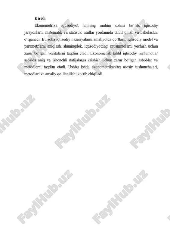 atlantirish uchun amalga oshirgan siyosatlarini tahlil qilishda ekonometrika yordamida ularning iqtisodiyotga ta'siri o‘lchanadi va qanday samaralar berishini bashorat qilish mumkin. shuningdek, iqtisodiy siyosatlarning ijobiy yoki salbiy ta'sirlarini aniqlashda ham ekonometrikaning yordami katta. ekonometrikaning ta'rifi ekonometrika, oddiy so‘z bilan aytganda, iqtisodiy jarayonlarni va hodisalarni matematik va statistik metodlar yordamida o‘rganish va tahlil qilish san'ati va fanidir. bu soha iqtisodiy ma'lumotlarni yig‘ish, tahlil qilish, ularni statistik modelga kiritish, natijalarni baholash va iqtisodiy qarorlar qabul qilishda qo‘llaniladi. ekonometrika iqtisodiy nazariyalarni amaliyotda tekshirish va iqtisodiy o‘zgarishlar va jarayonlar o‘rtasidagi bog‘liqlikni aniqlash uchun zarur bo‘lgan metodlarni taqdim etadi. ekonometrik modellar ko‘pincha ikki asosiy elementdan iborat bo‘ladi: nazariy model va statistik model. nazariy model iqtisodiy tizimning umumiy tasvirini beradi, u iqtisodiy o‘zgaruvchilar o‘rtasidagi bog‘liqlikni matematik shaklda ifodalaydi. statistik model esa ushbu nazariy modelni real hayotdagi ma'lumotlar yordamida qo‘llashni ko‘zda tutadi va ma'lumotlar asosida model parametrlarini aniqlashga yordam beradi. ekonometrik modellarni qurishda, iqtisodiy tizimdagi har bir o‘zgaruvchining …
