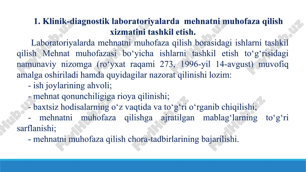 gan, tikilgan va muassasa rahbari tomonidan imzolangan jurnallarda nomma-nom va miqdoriy hisob-kitob qilinishi shart. zaharli moddalar laboratoriya tekshiruvlari uchun faqatgina laboratoriya mudiri tomonidan (yoki boshqa javobgar shaxs tomonidan) imzolangan talabnomaga muassasa rahbarining yozma ruxsati bilan beriladi. talabnomada moddalarni qabul qiluvchi shaxsning familiyasi, ismi va otasining ismi ko‘rsatilishi zarur. bunda har bir zaharli moddaning ustiga quyidagilar yozilgan yorliqlar yopishtirib qo‘yilishi shart: zaharli moddaning nomi; “zahar” yozuvi va bosh chanoq suyagi bilan suyaklarning tasviri; “ehtiyotlik bilan foydalanilsin!” degan yozuv. zaharli moddalar bilan faqatgina maxsus o‘qitilgan xodimlar ishlashlari mumkin. 4. kislotalar bilan ishlashda va ularni saqlashda xavfsizlik qoidalari. kislotalarning konsentrlangan eritmalari qopqog‘i mahkam berkitiluvchi maxsus shisha idishlarda saqlanishi lozim. kuchli ta’sir ko‘rsatuvchi va zaharli moddalar bilan maxsus laboratoriya kiyimlari va sochiqlar ifloslanganda, ularni darhol almashtirib, neytrallash va yuvish uchun topshirish zarur. ishqorlar bo‘g‘zi katta, zarg‘aldoq rangli shisha idishlarda saqlanishi, bu idishlarning og‘zi po‘kak tiqin bilan yopilib, ustidan parafin quyilgan bo‘lishi kerak. uchuvchi moddalar …