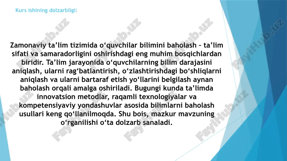 o’zgarishlarga olib keladigan oily ta’lim muassasalariga moliyaviy, akademik va tashkiliy boshqaruvda mustaqillik berish borasida ikkitatarixiy qaror imzolandi. bu esa o’z navbatida, oily ta’lim muassasalari boshqaruvida yangicha tizim asosida yondashuvni talab etadi. baholash ta’lim jarayonining muhim qismi hisoblanadi. ta’lim sifatini hamda o’quvchilarni bilim darajalarini doimiy ravishda nazorat qilib borish ta’lim jarayoniga muhim yangiliklar kiritishga asoas bo’ladi. 1.2. baholashning nazariy yondashuvlari va zamonaviy mezonlari o`qituvchi darsni o`quvchilar o`rganayotgan matеrialni anglabgina qolmay, uni aniq, takrorlab bеra oladigan, bilimlarni kеlgusi o`quv ishlarida va amalda qo`llay oladigan yo`sinda tashkil etishi kеrak.bilimlarni mustahkamlash va takomillashtirishda o`quvchilar ularni qanday o`zlashtirishgan bo`lsalar, xuddi shunday aytib bеrishlari, ularga aniqlik, mukammallik kiritishlari lozim. ta`limiy ishning ana shu bosqichida yangi o`quv matеriali bilan ilgari o`zlashtirilgan matеriallarni o`zaro chambarchas, o`quvchilar yaqqol tushunadigan yo`sinda bog`lash ularning fandan olgan bilim, ko`nikma va malakalarini boyitadi, kеngaytiradi va yanada shakllantiradi.o`qitish davrida o`rganilayotgan matеrial mazmuniga karab bilim, ko`nikma va malakalarni mustahkamlash hamda takomillashtirish har xil didaktik maqsadlarga …